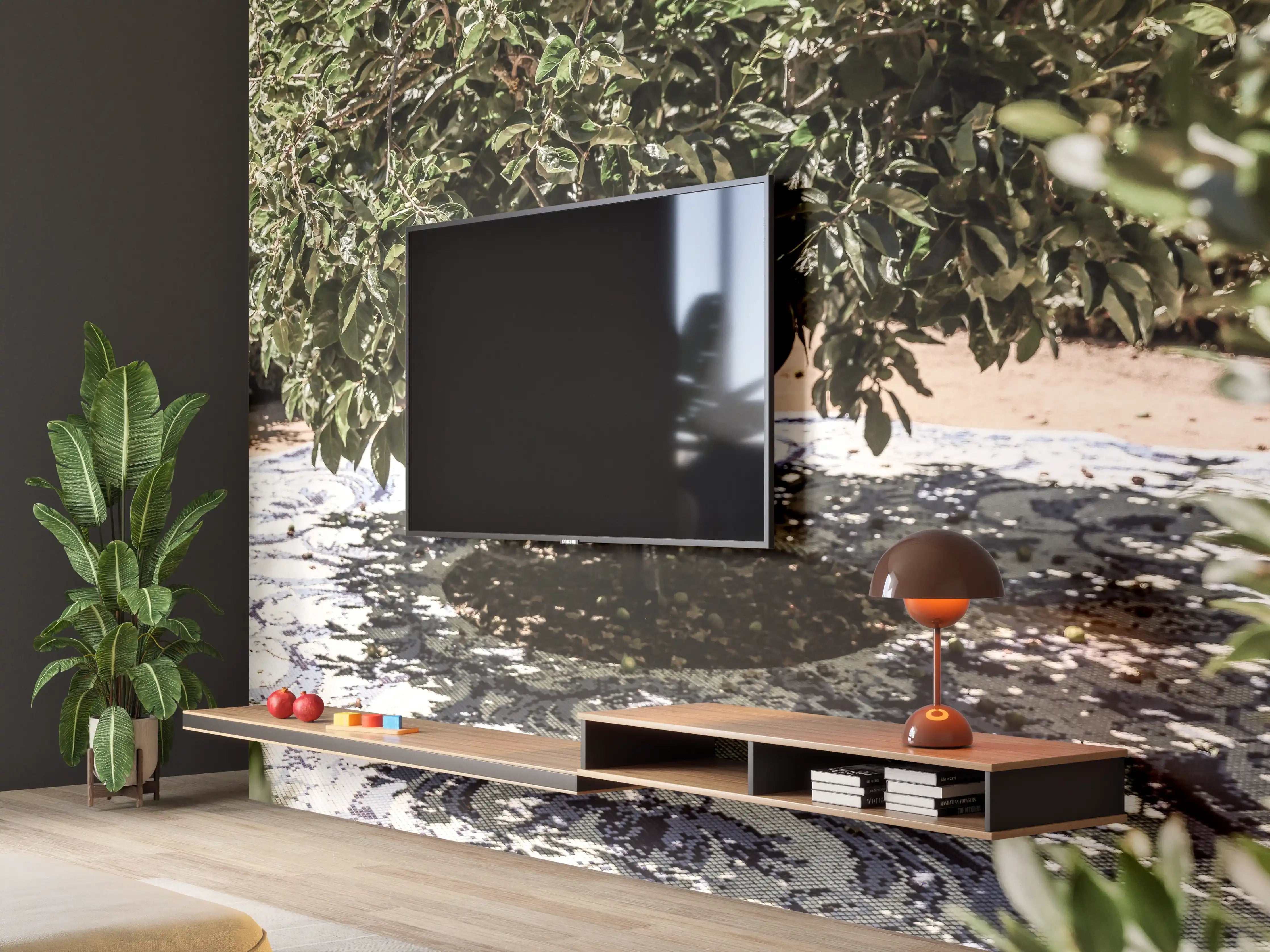 Wandverkleidung Wohnzimmer - Vielseitiges Baum-Motiv auf stilvollem Teppich