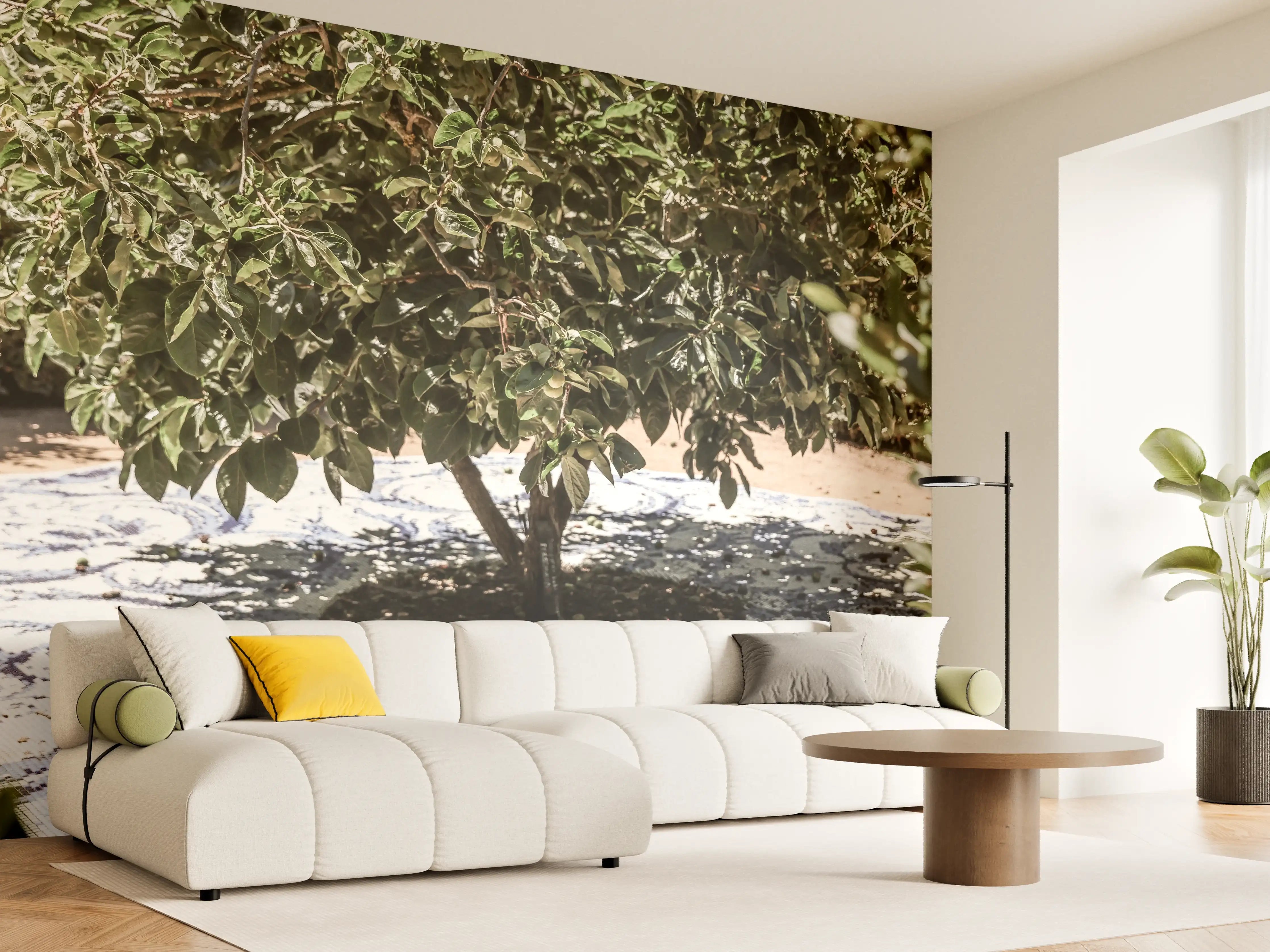 Wandverkleidung Wohnzimmer - Vielseitiges Baum-Motiv auf stilvollem Teppich