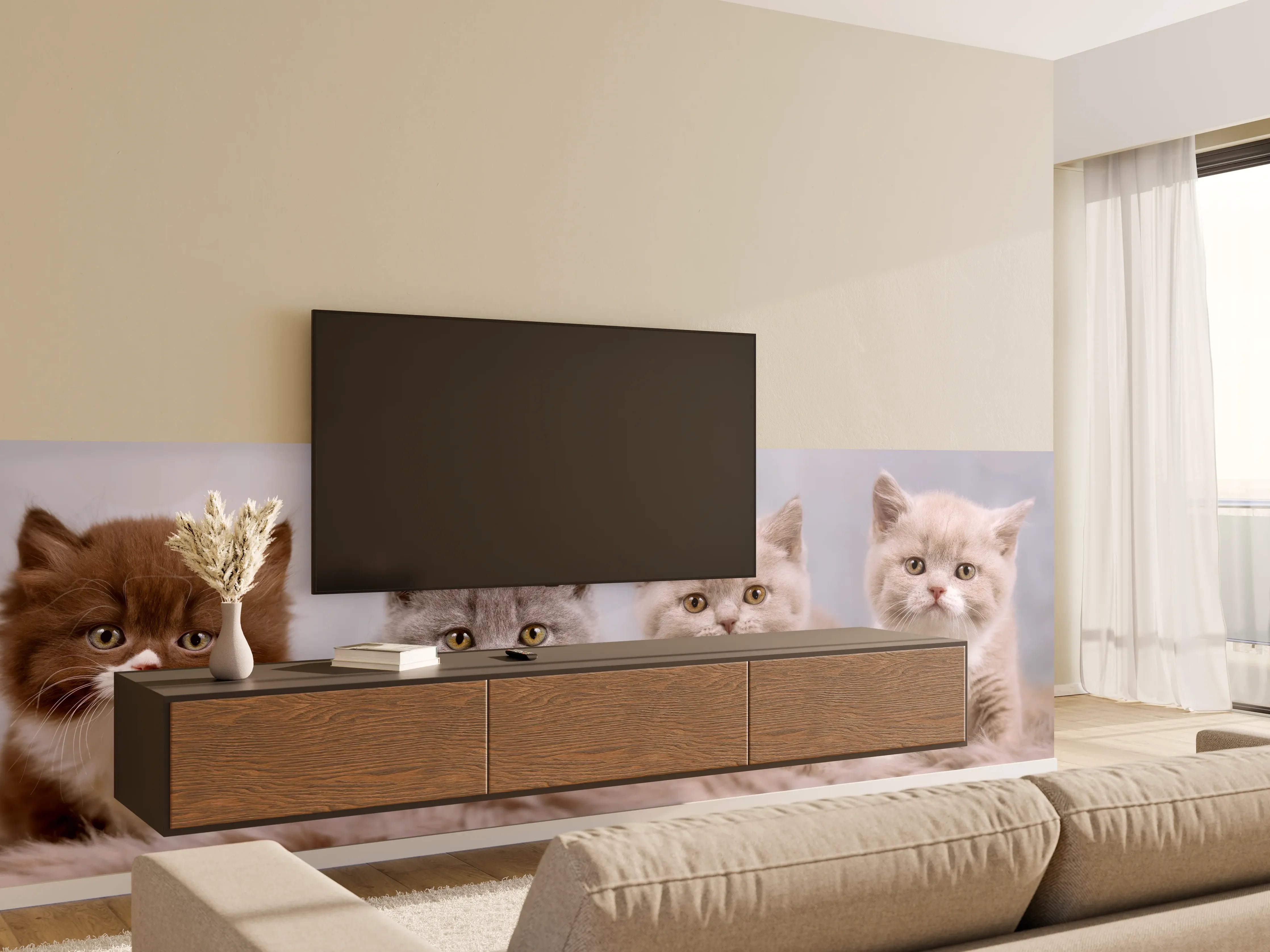Wandverkleidung Wohnzimmer - Vier süße Katzenbaby
