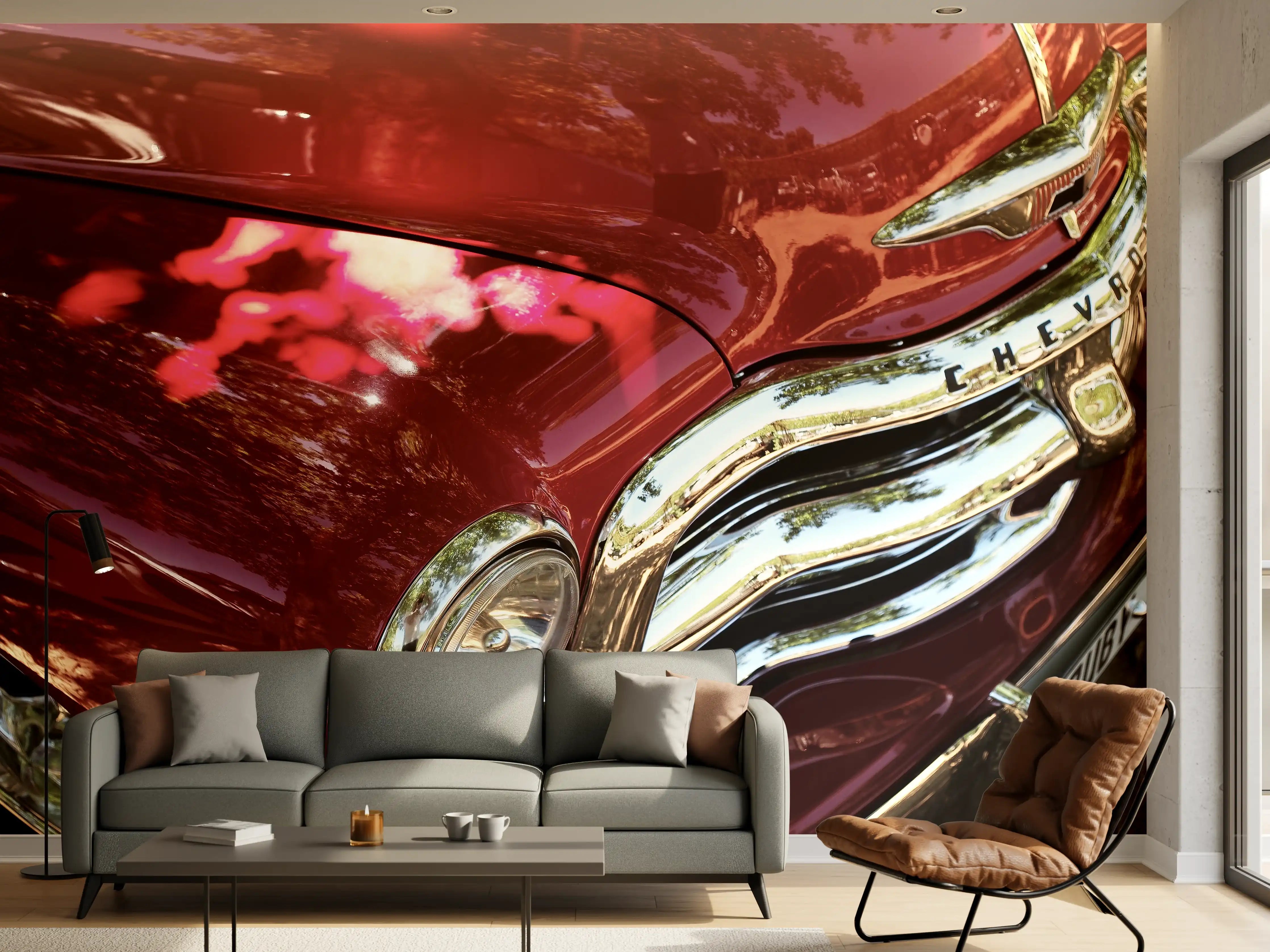 Wandverkleidung Wohnzimmer - Vintage Auto in Rot mit Chrom-Details