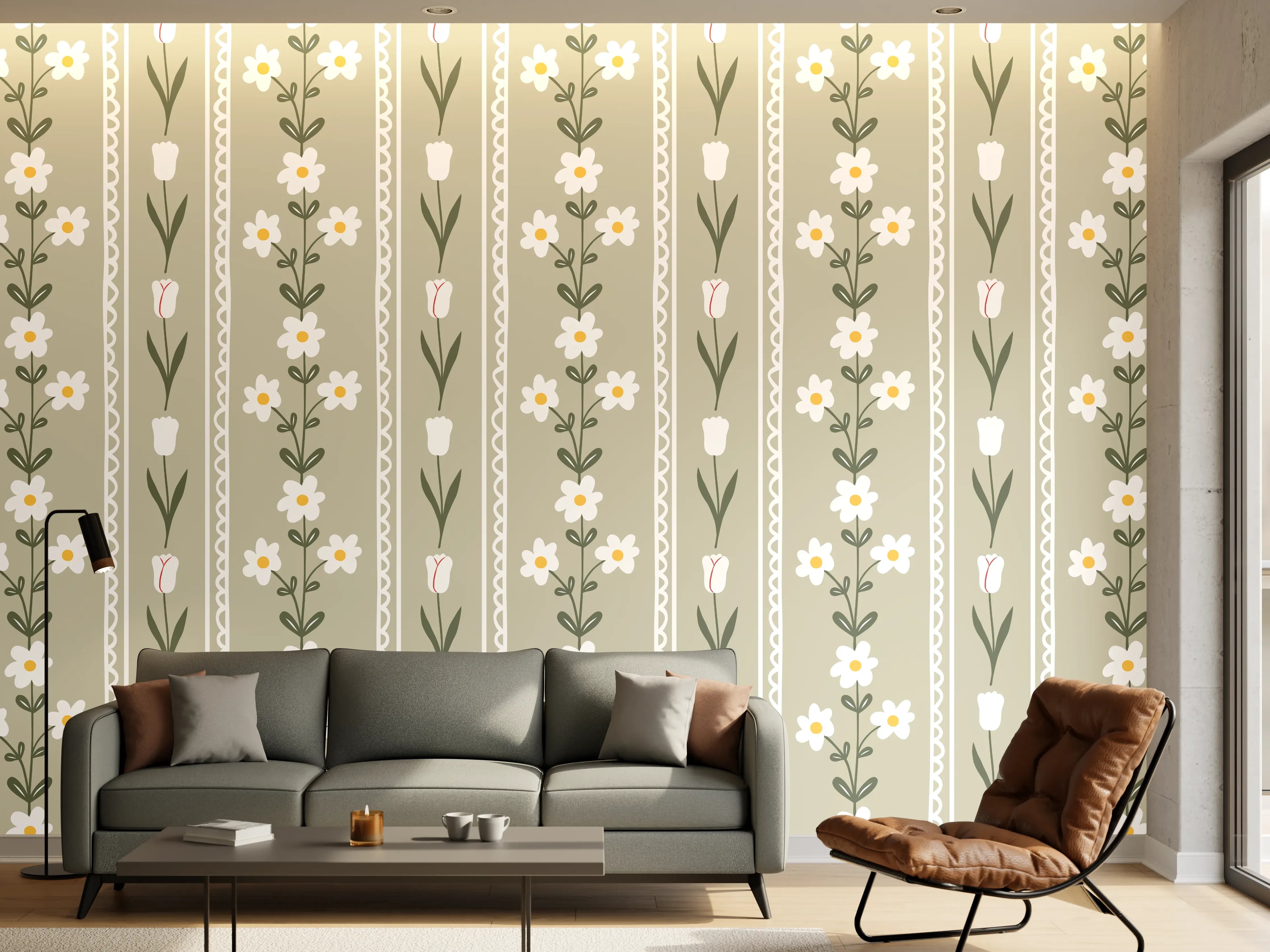 Wandverkleidung Wohnzimmer - Vintage Bloom Beige Blumen Tapete
