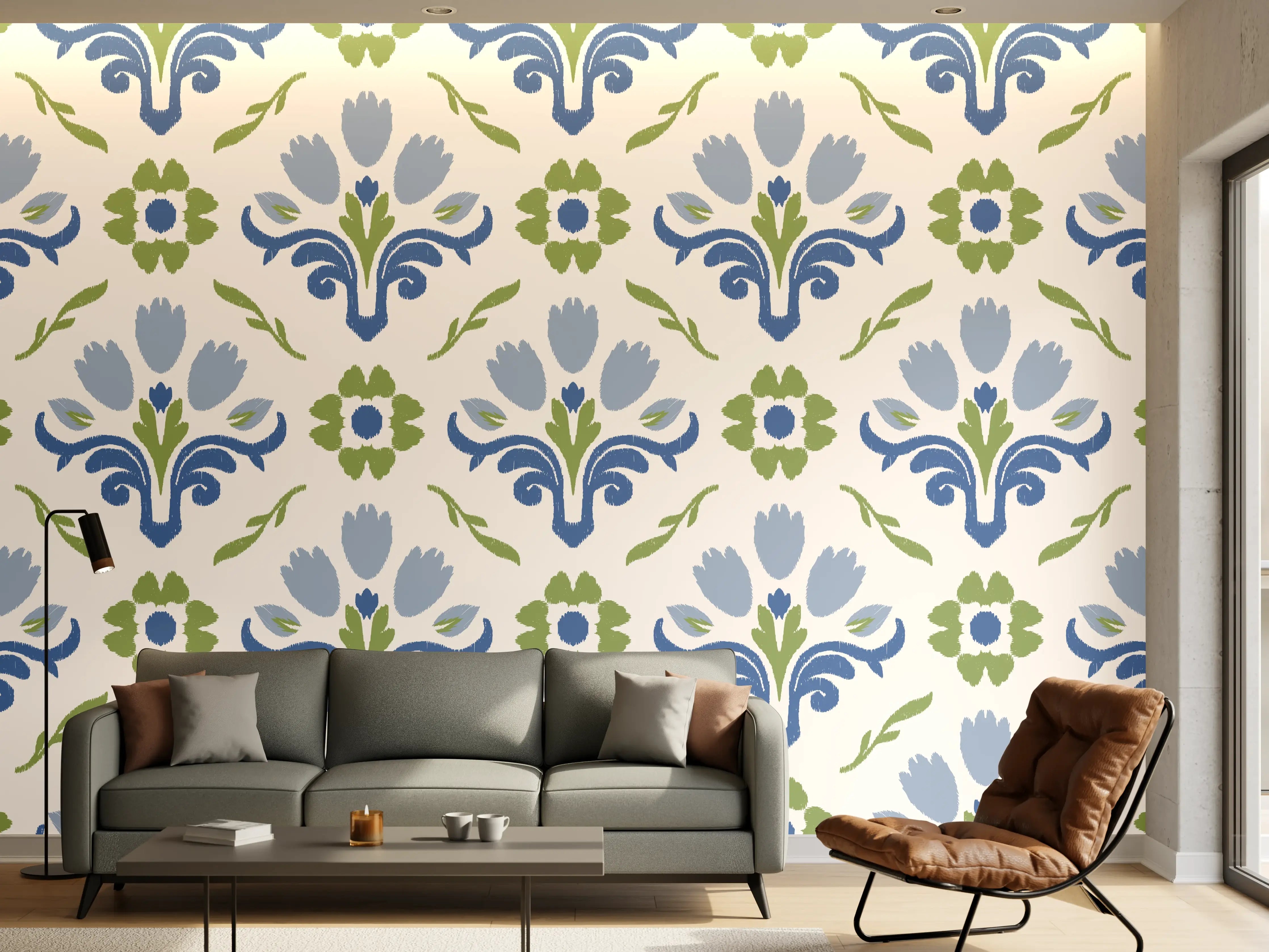 Wandverkleidung Wohnzimmer - Vintage Bloom Blau-Grün Tapete
