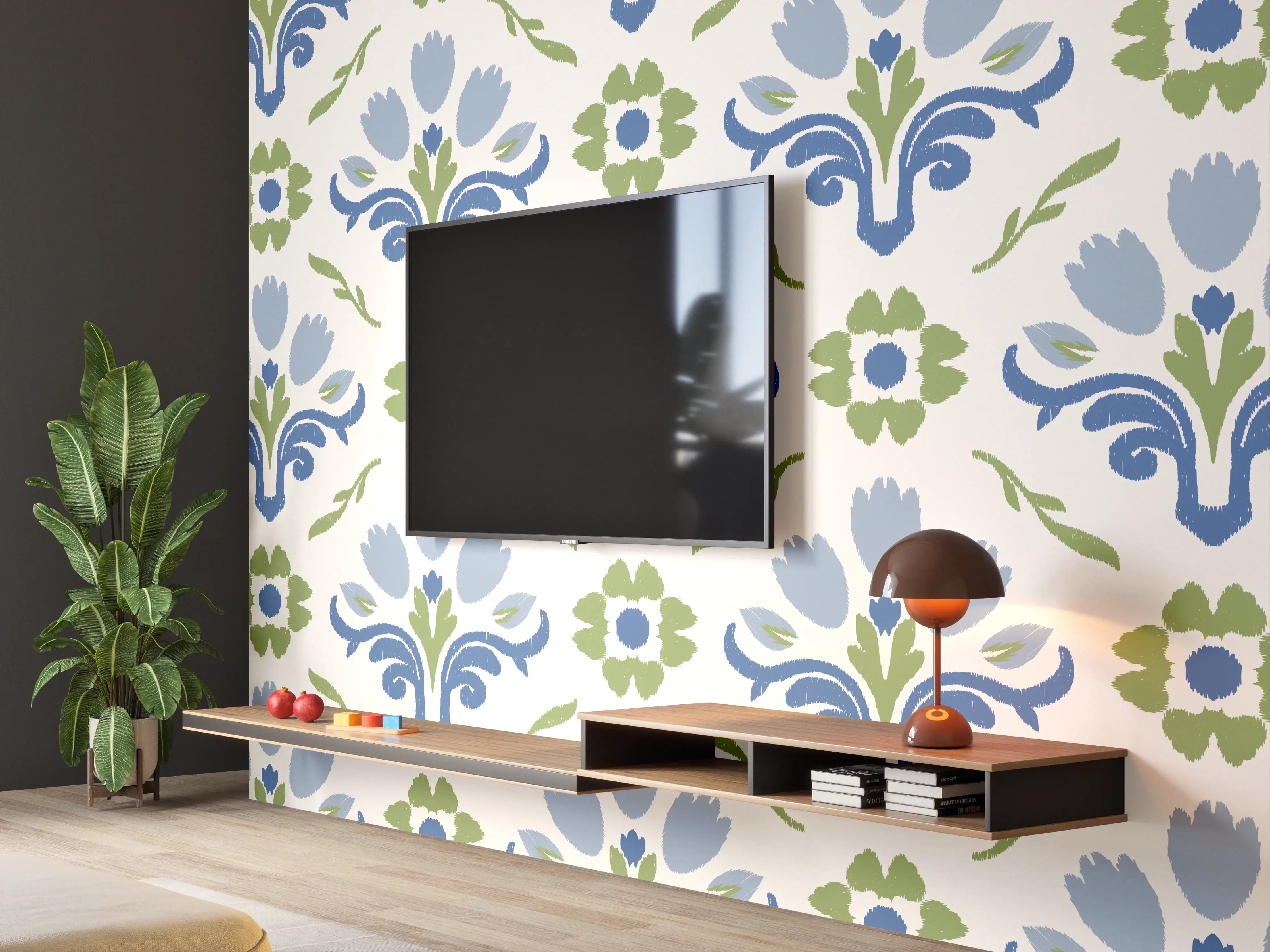 Wandverkleidung Wohnzimmer - Vintage Bloom Blau-Grün Tapete
