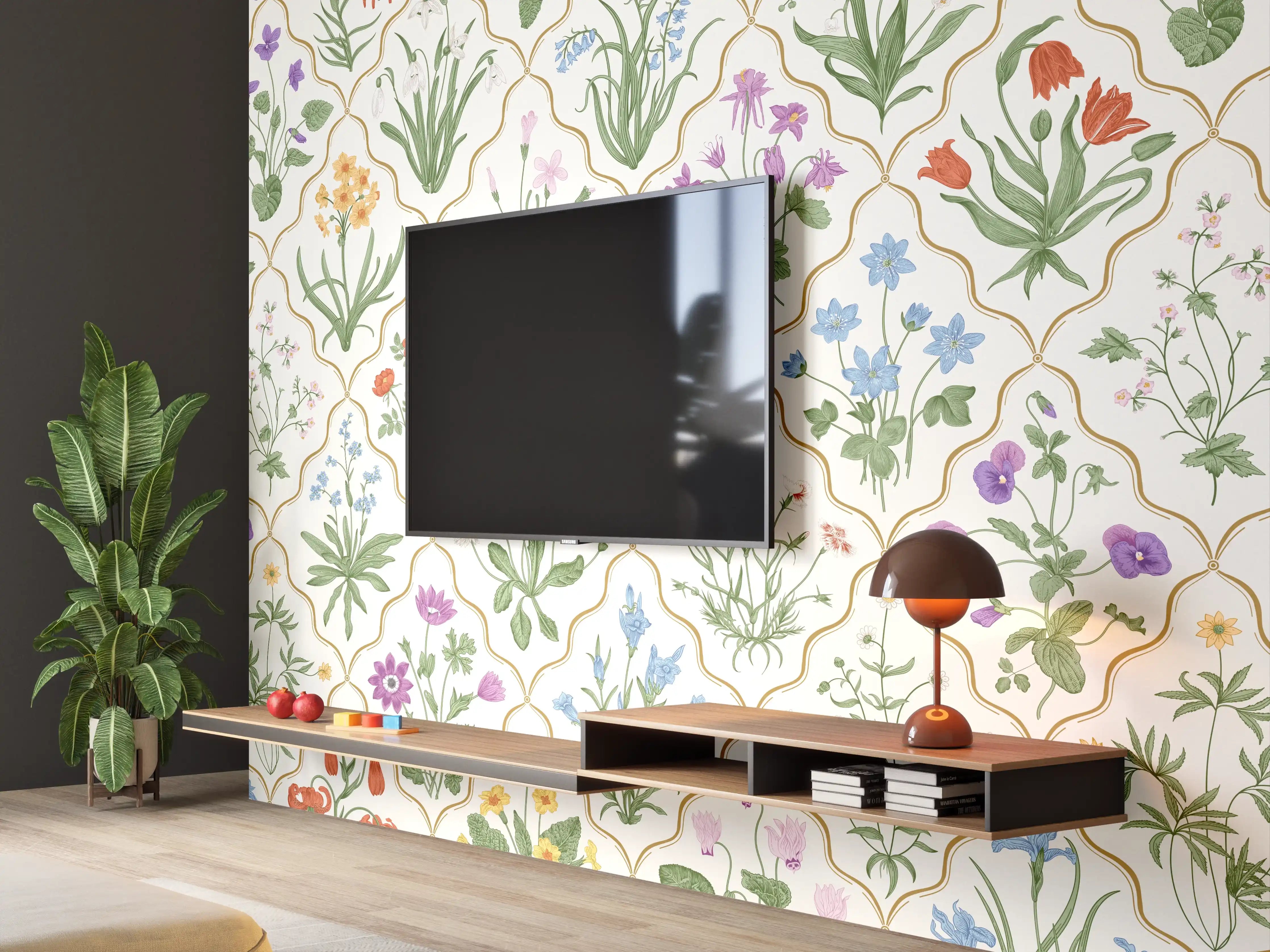 Wandverkleidung Wohnzimmer - Vintage Bloom Blumen-Tapete Beige-Grün