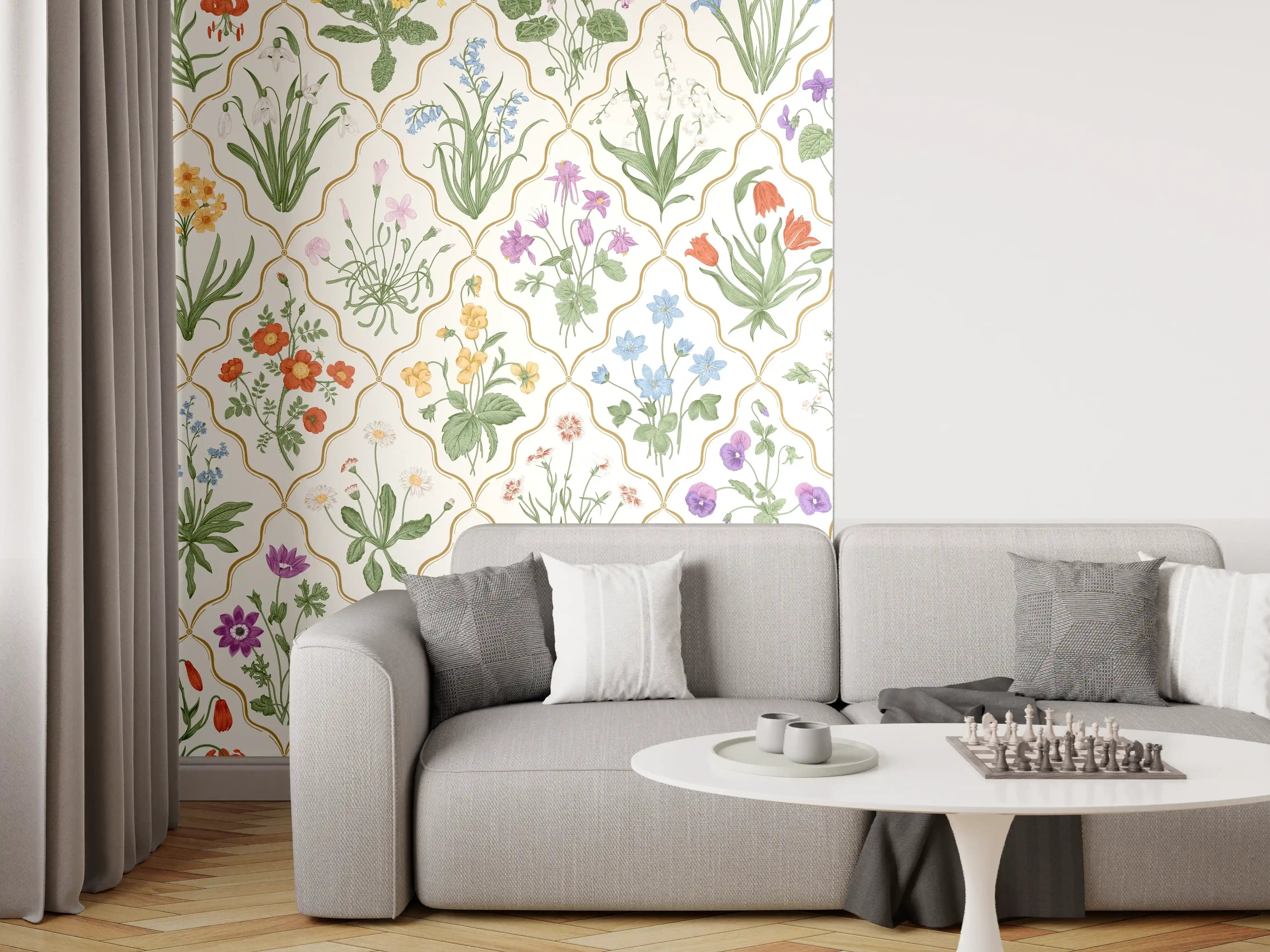 Wandverkleidung Wohnzimmer - Vintage Bloom Blumen-Tapete Beige-Grün