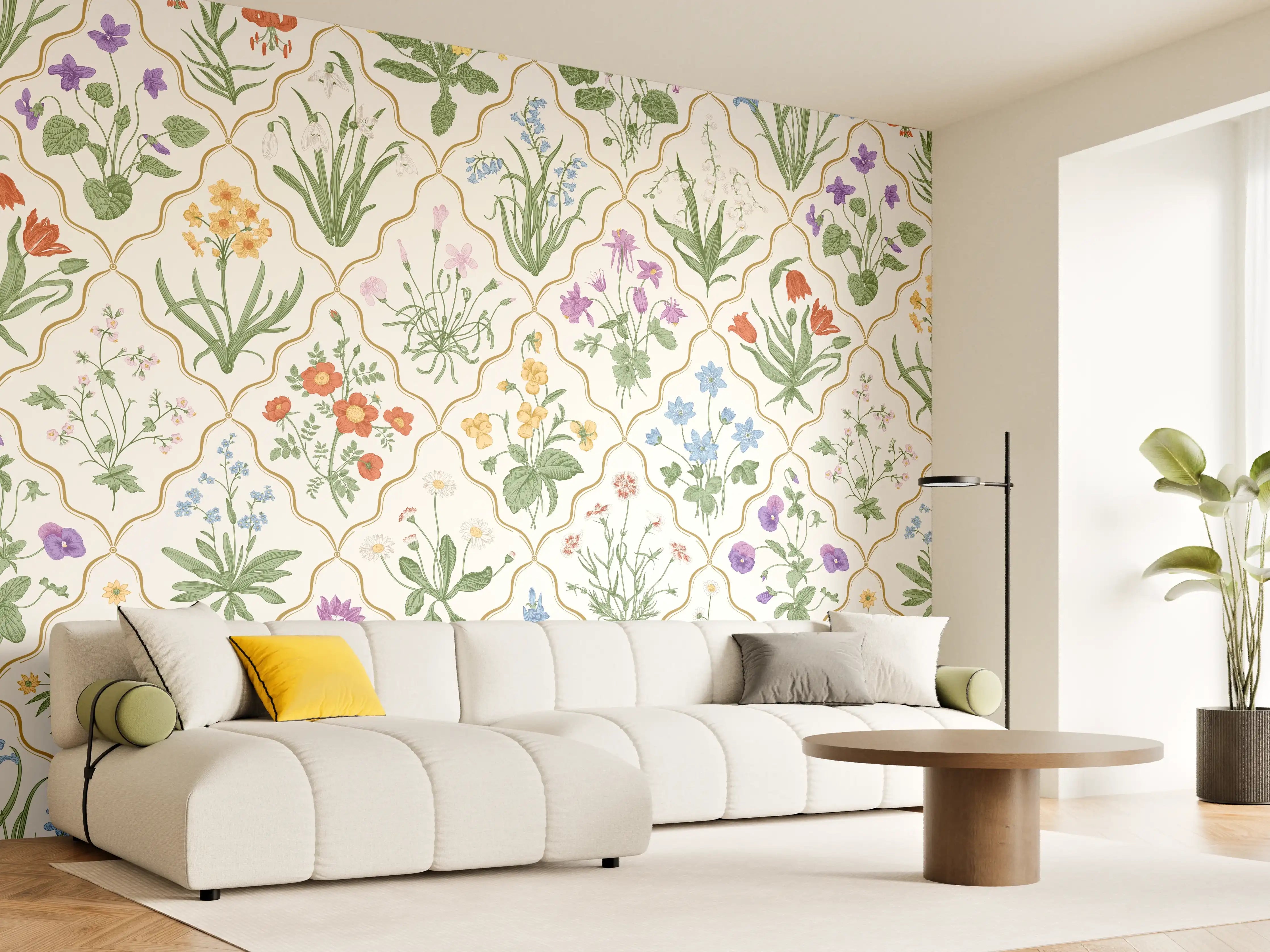 Wandverkleidung Wohnzimmer - Vintage Bloom Blumen-Tapete Beige-Grün