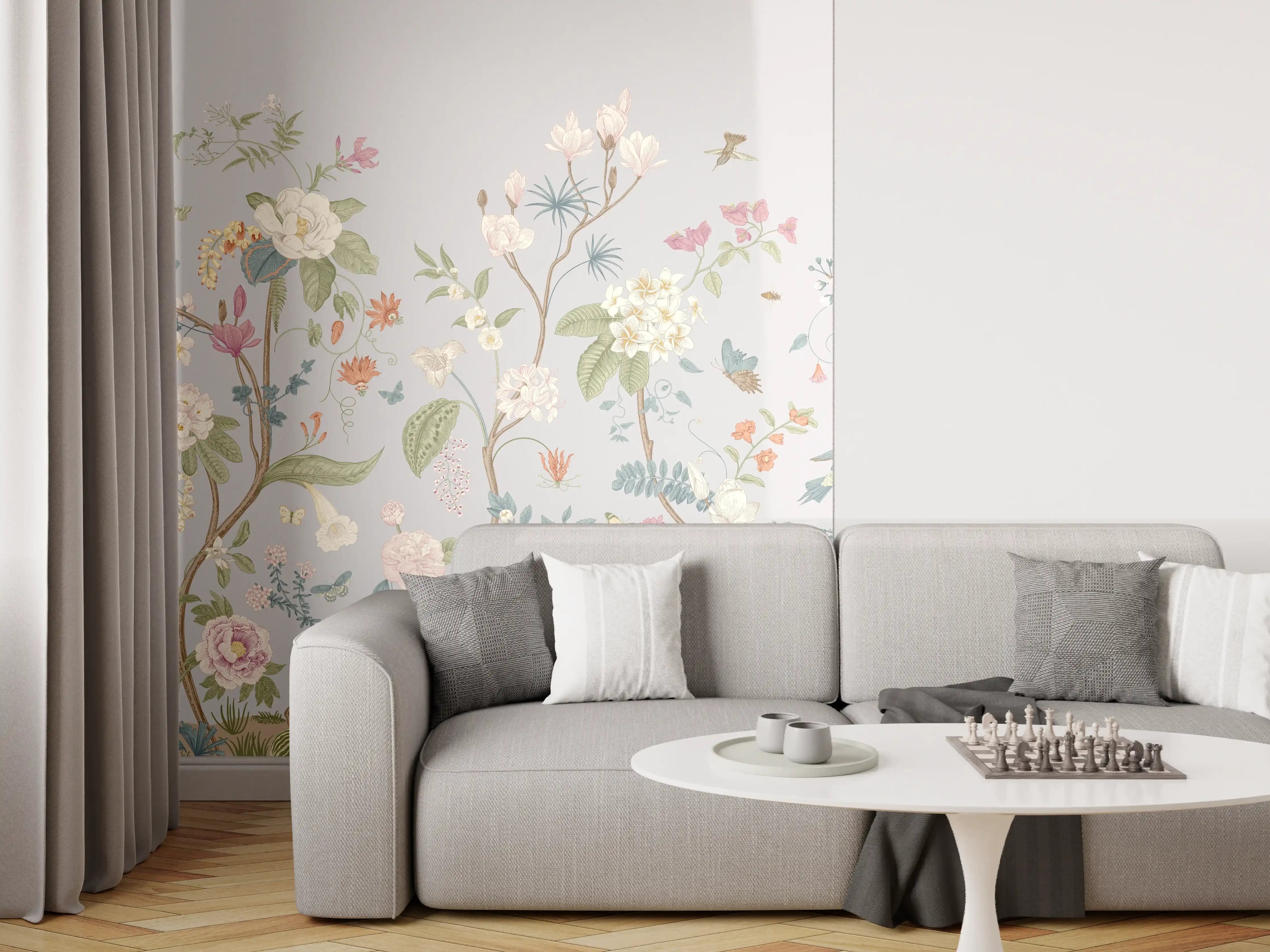 Wandverkleidung Wohnzimmer - Vintage Bloom Blumenbordüre Grau-Rosa