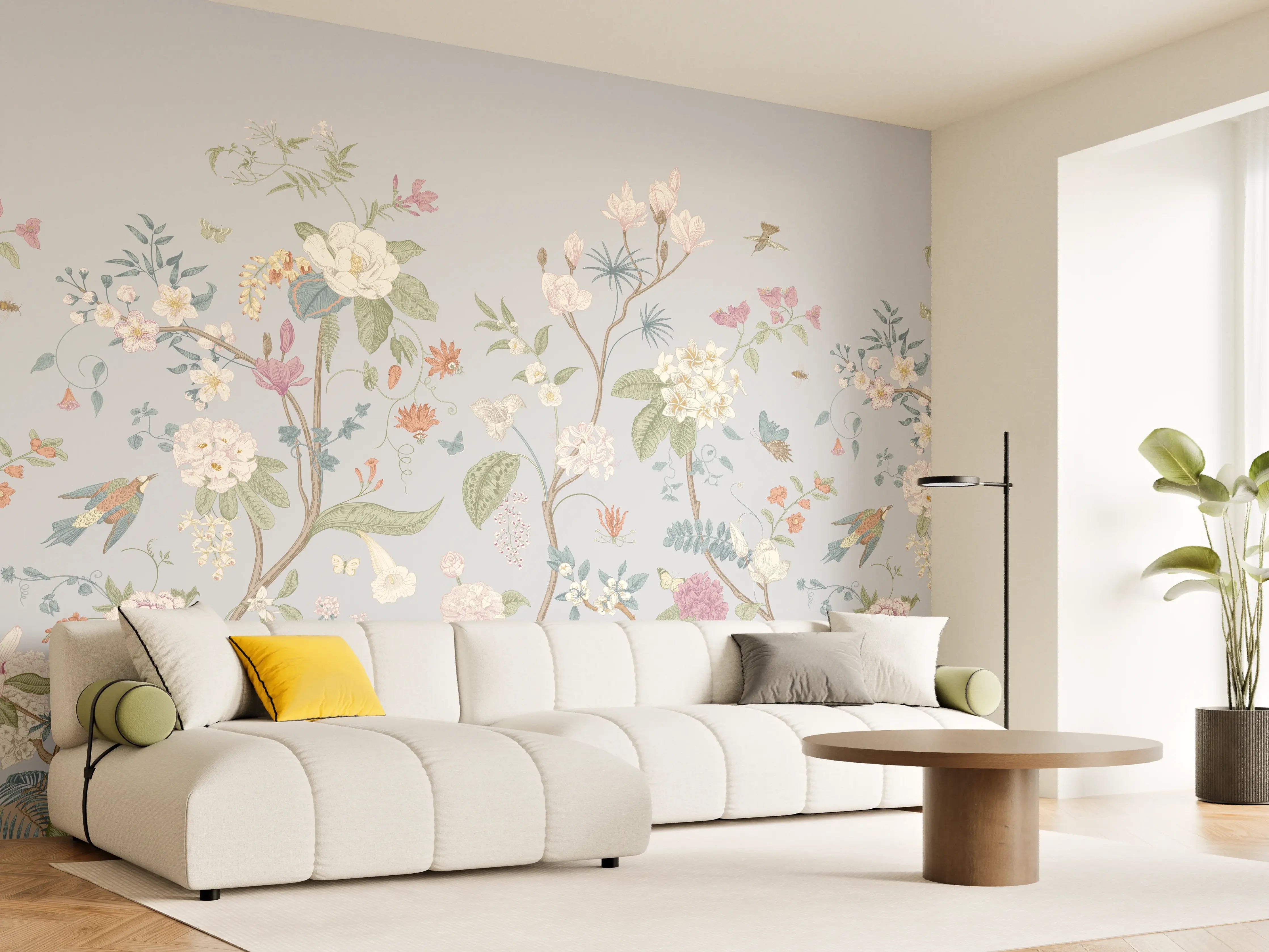 Wandverkleidung Wohnzimmer - Vintage Bloom Blumenbordüre Grau-Rosa