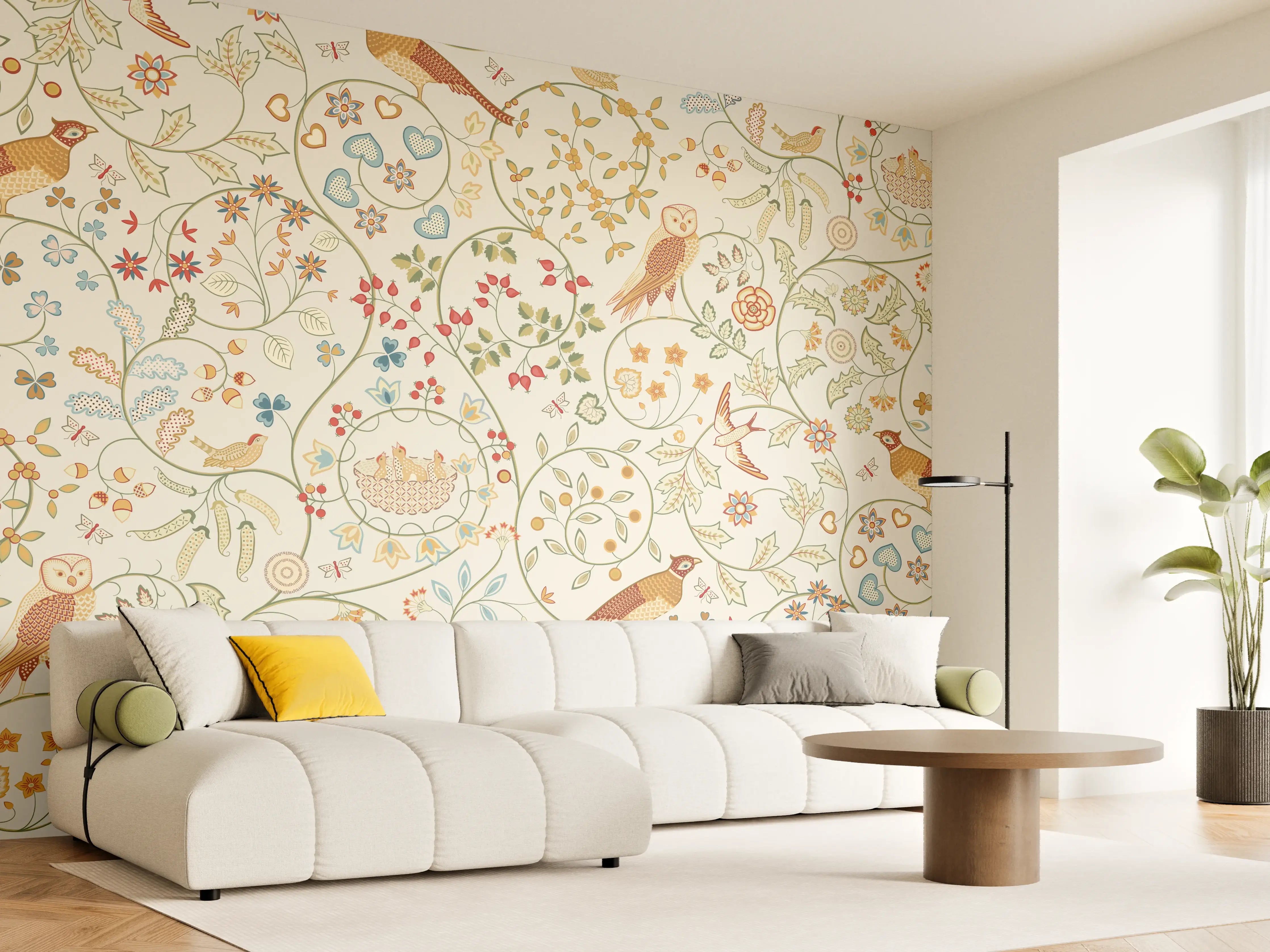 Wandverkleidung Wohnzimmer - Vintage Bloom Blumenmuster Beige