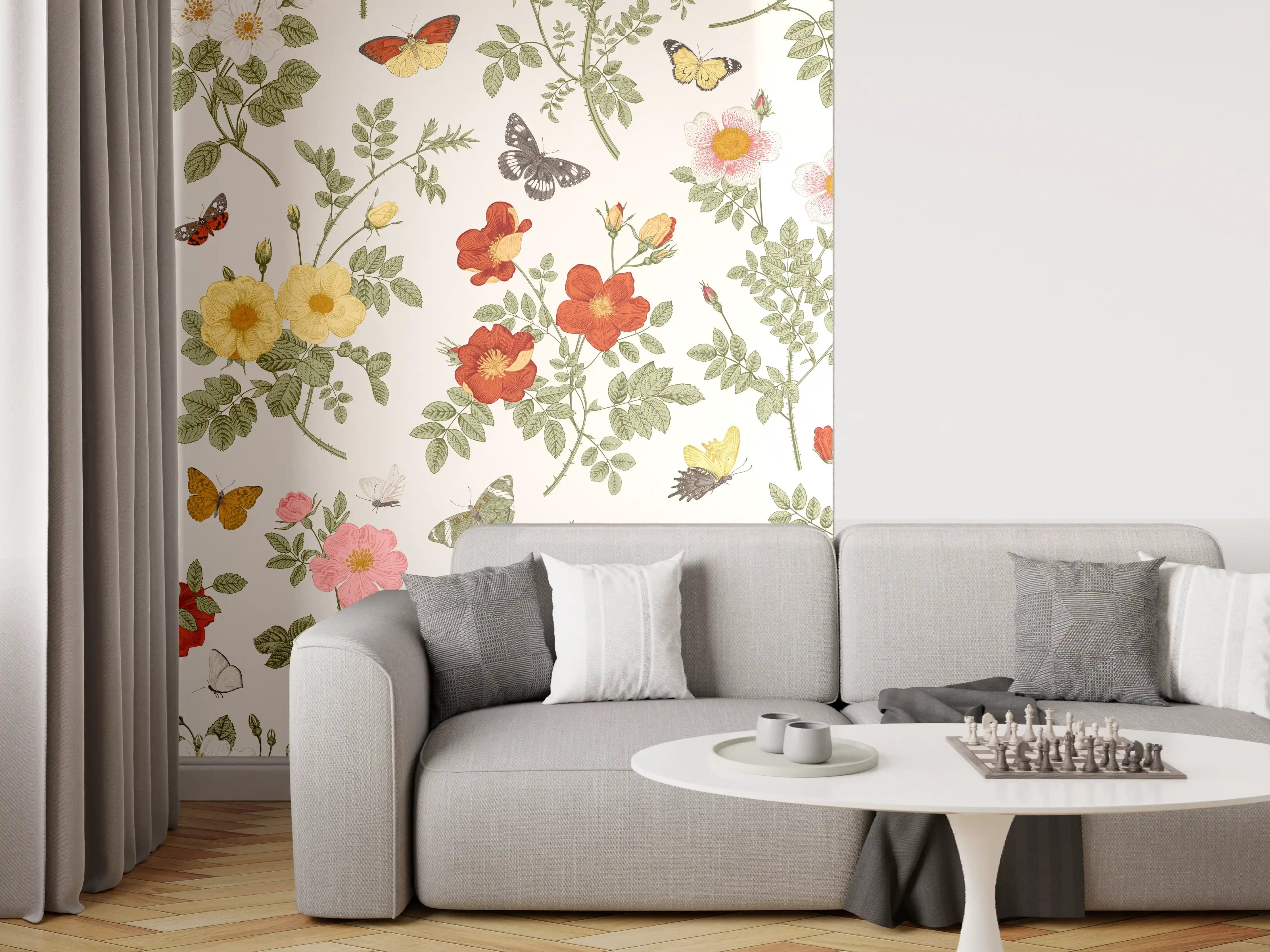 Wandverkleidung Wohnzimmer - Vintage Bloom Blumenmuster Rosa-Beige