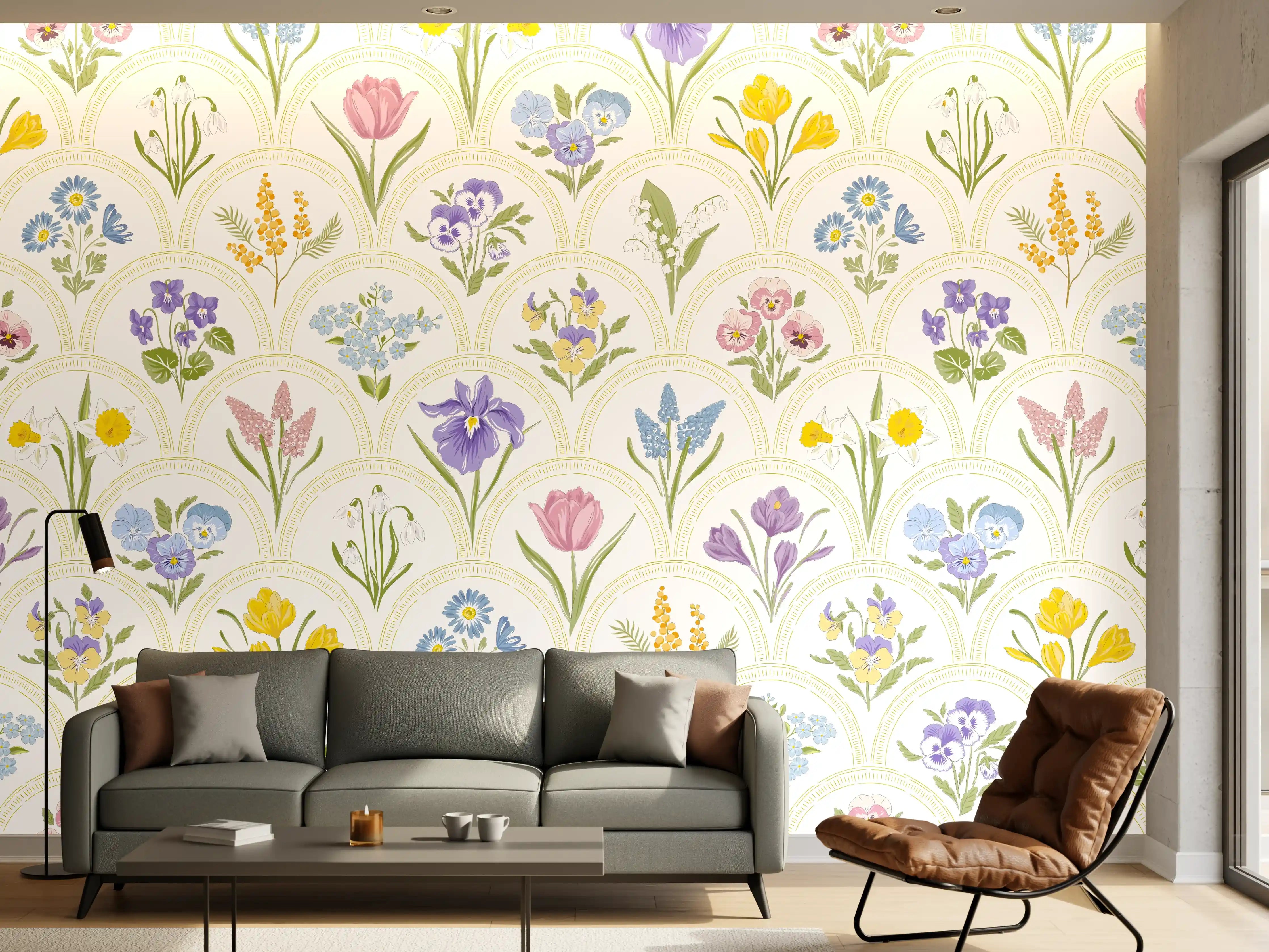 Wandverkleidung Wohnzimmer - Vintage Bloom Pastell-Blumentapete