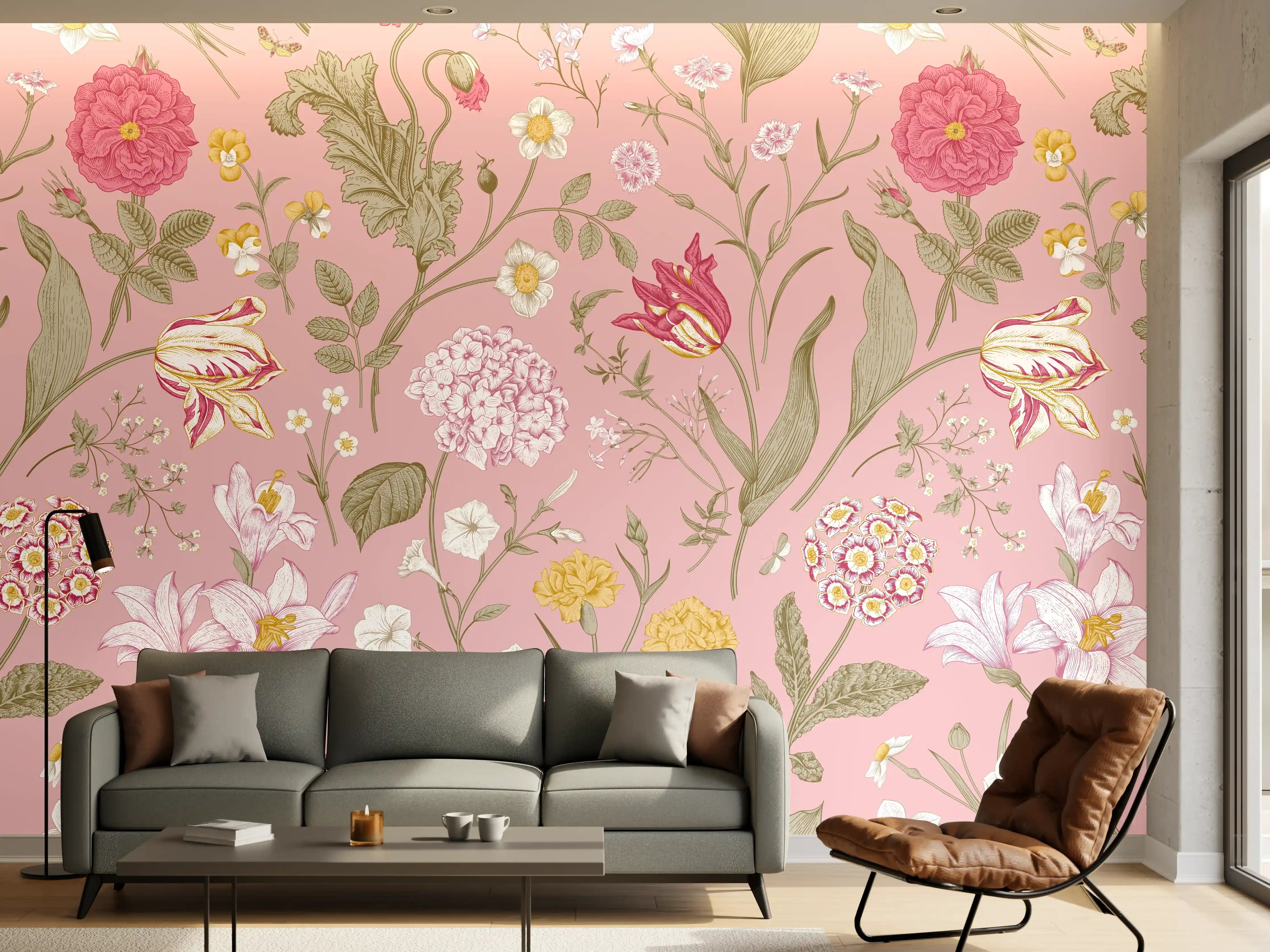 Wandverkleidung Wohnzimmer - Vintage Bloom Rosa Blumenmuster