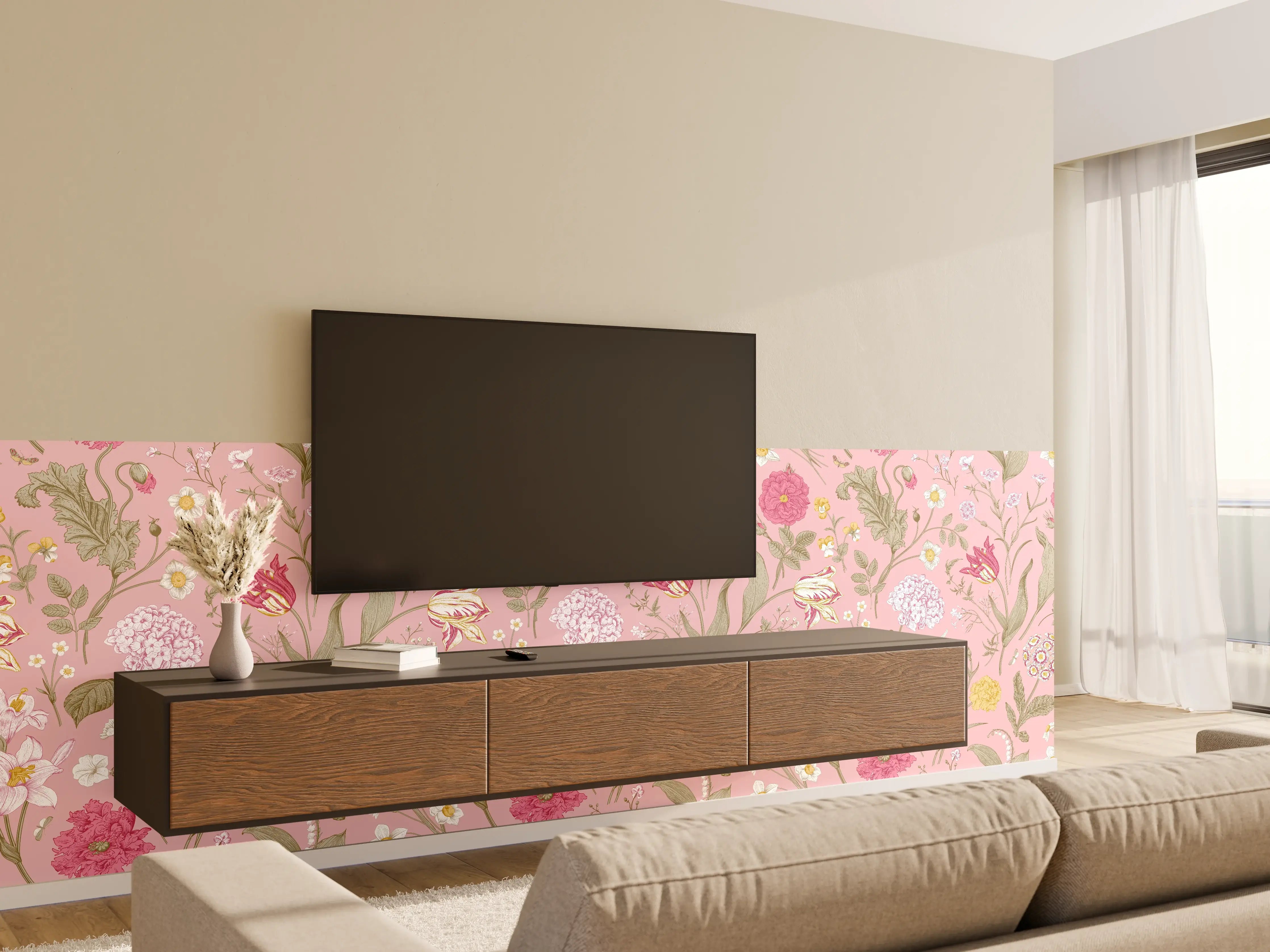 Wandverkleidung Wohnzimmer - Vintage Bloom Rosa Blumenmuster