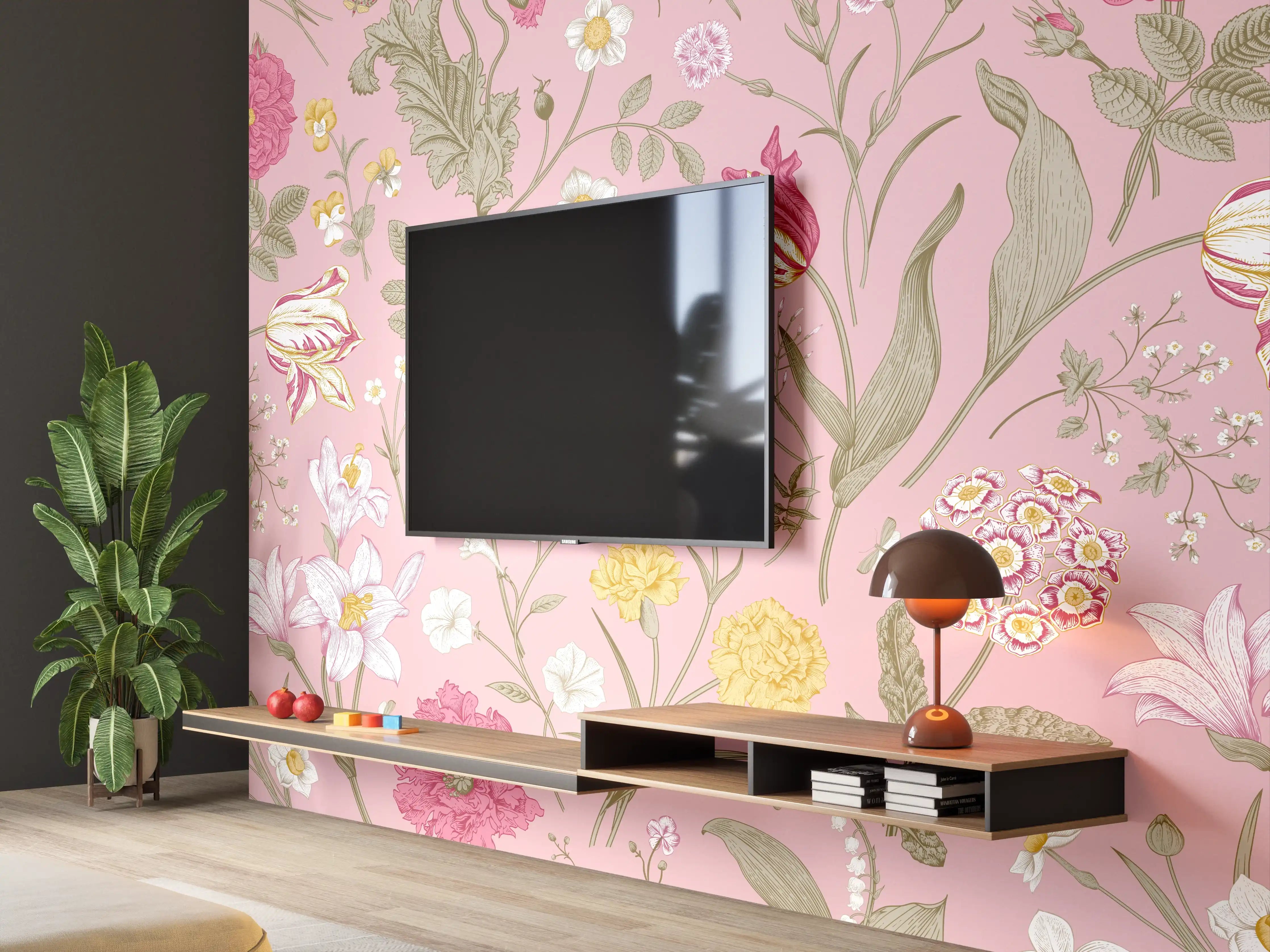 Wandverkleidung Wohnzimmer - Vintage Bloom Rosa Blumenmuster
