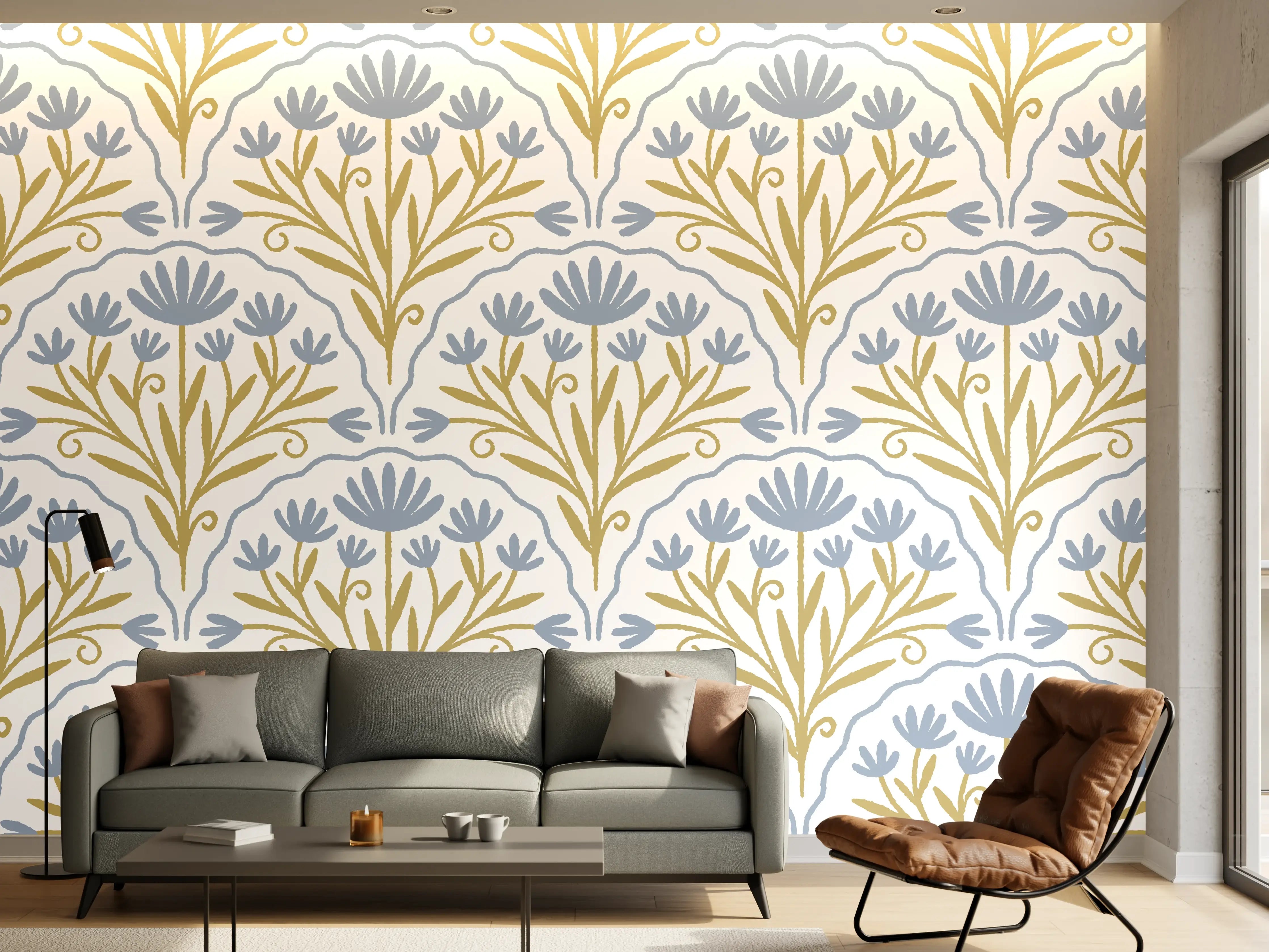 Wandverkleidung Wohnzimmer - Vintage Bloom Tapete Blau-Weiß