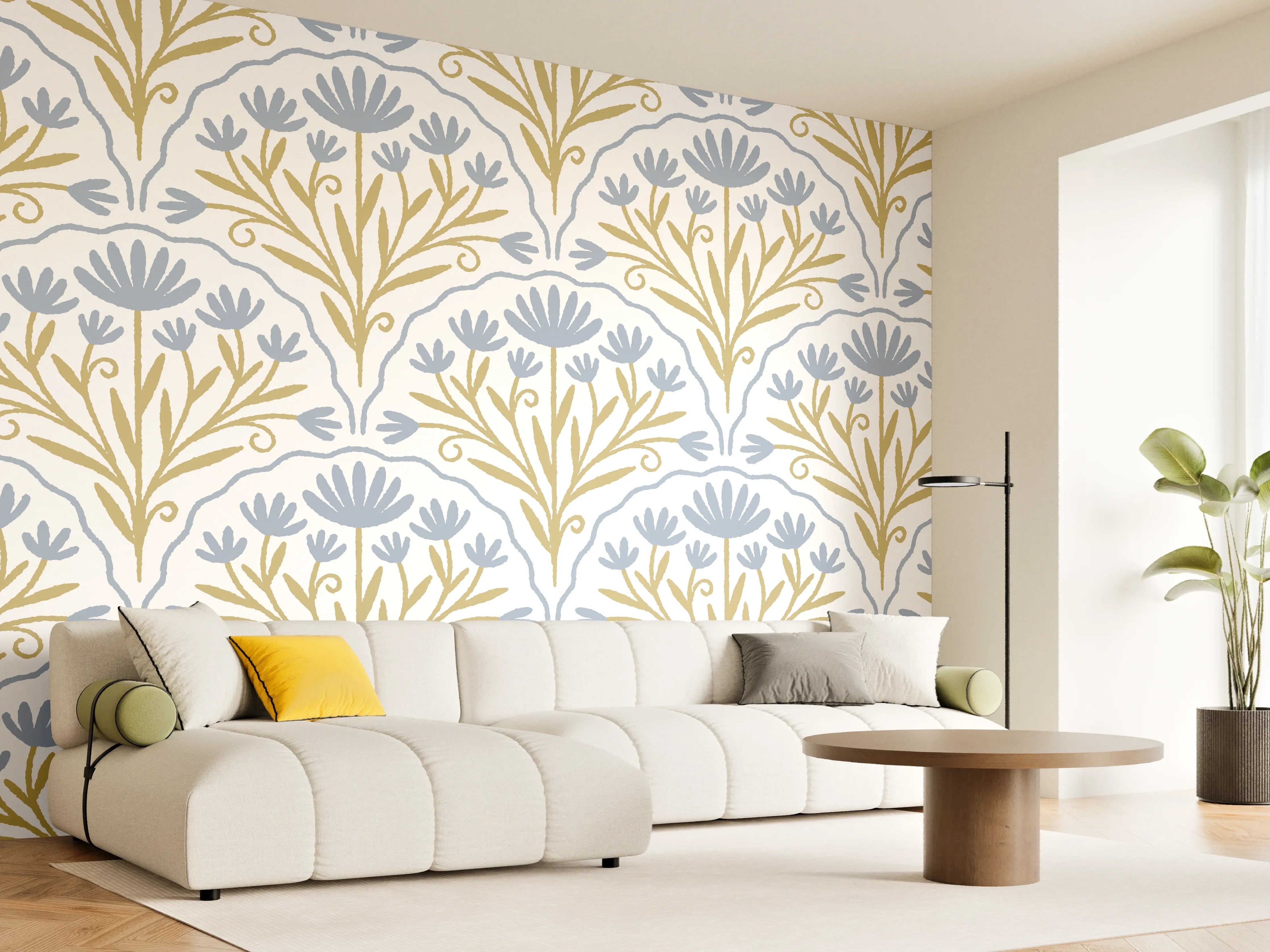 Wandverkleidung Wohnzimmer - Vintage Bloom Tapete Blau-Weiß