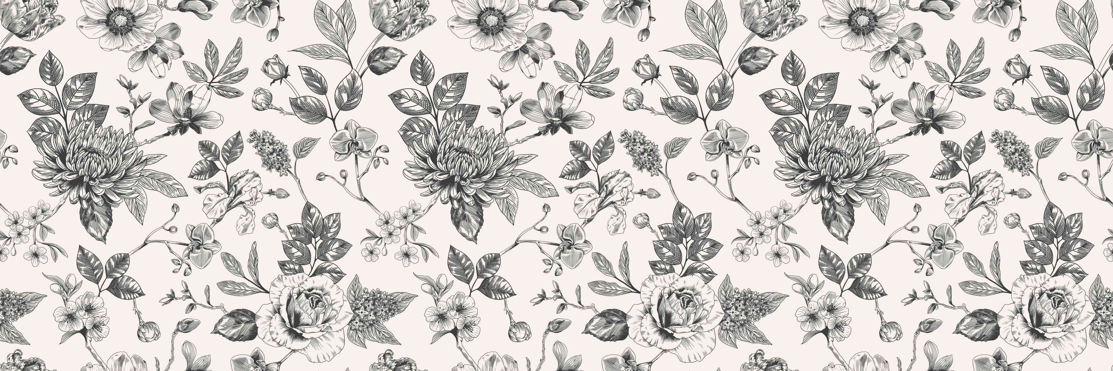 Wandverkleidung Wohnzimmer-Vintage-Blumen Schwarz-Weiß