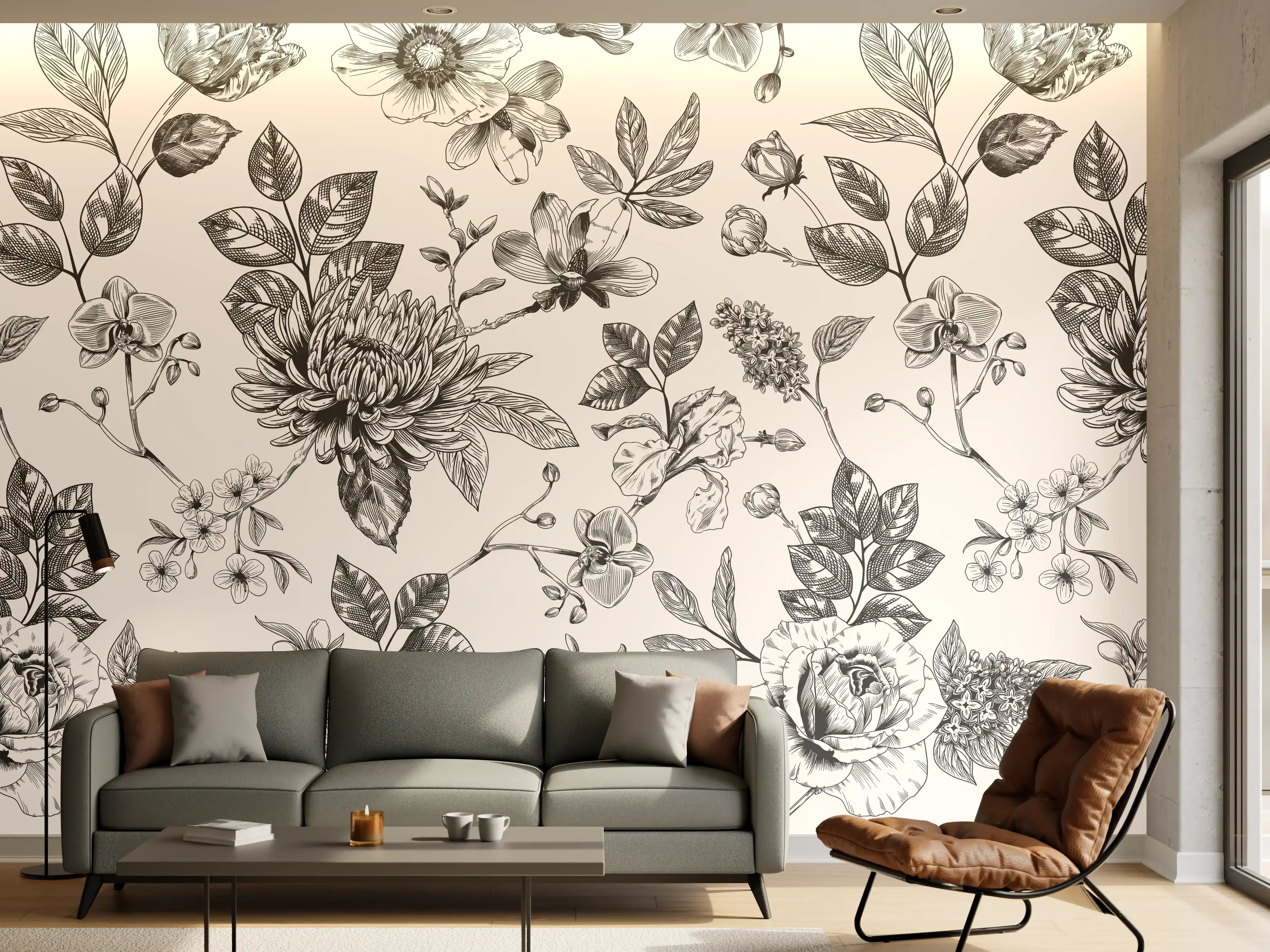 Wandverkleidung Wohnzimmer - Vintage-Blumen Schwarz-Weiß