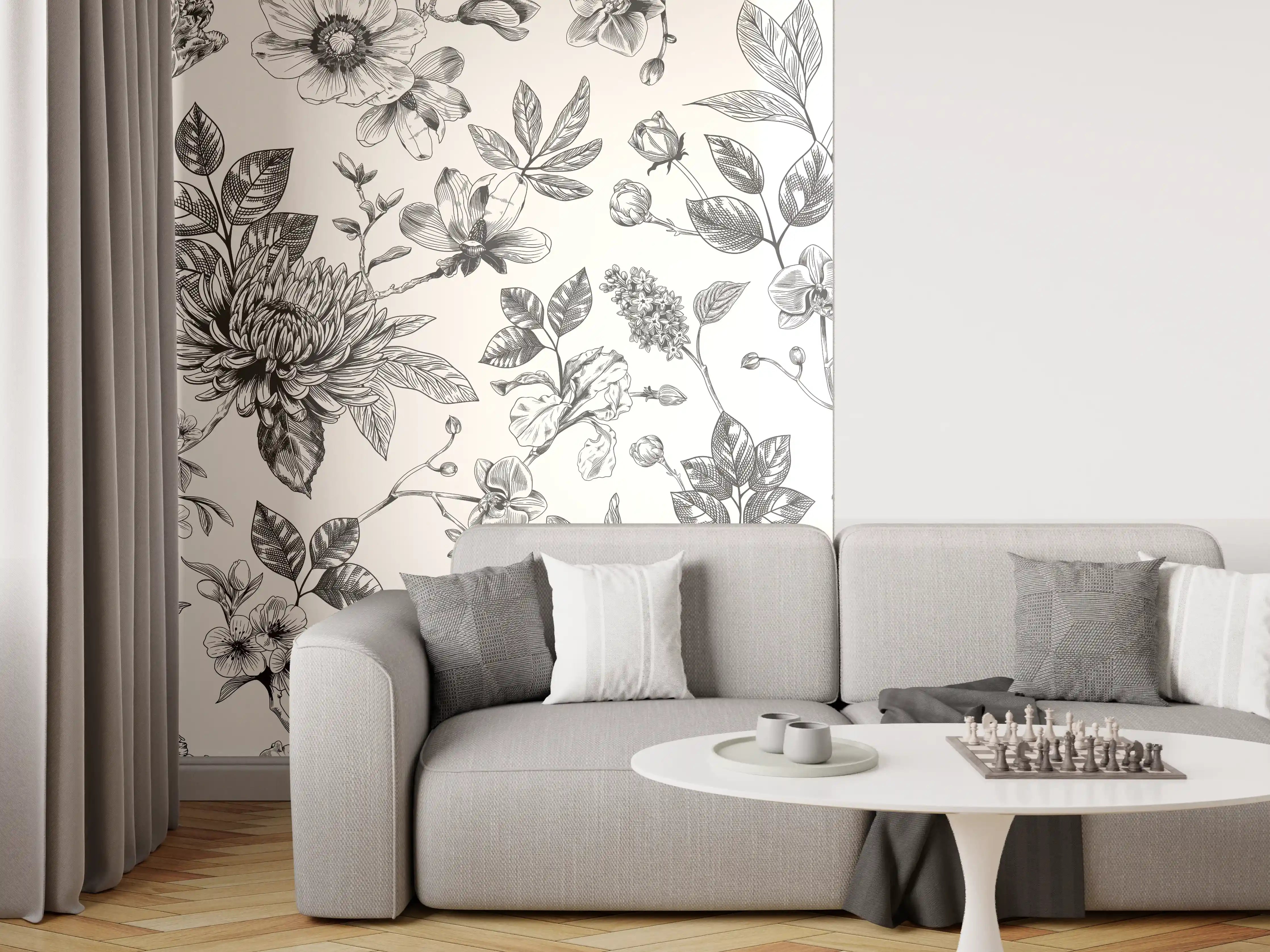 Wandverkleidung Wohnzimmer - Vintage-Blumen Schwarz-Weiß