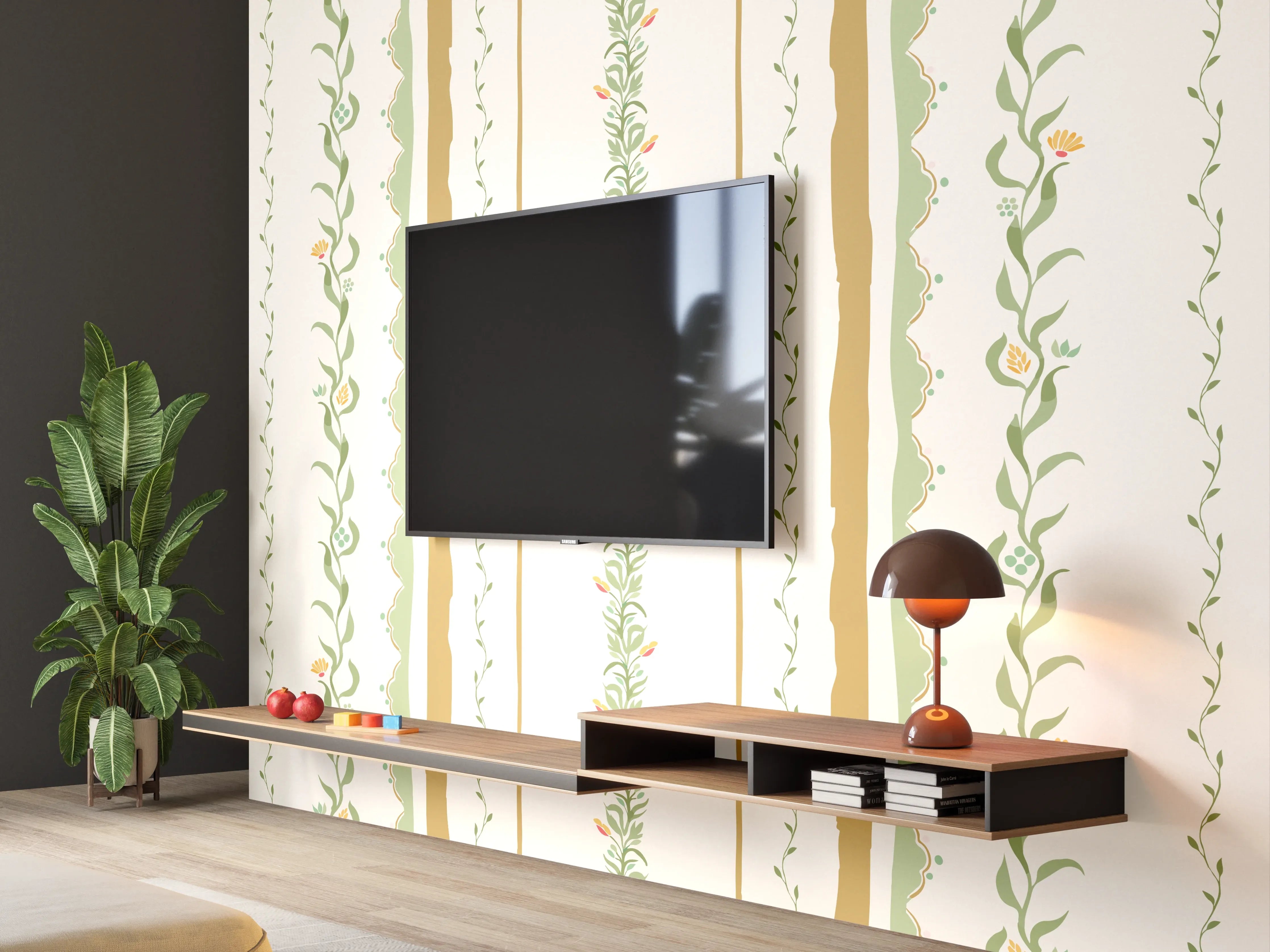 Wandverkleidung Wohnzimmer - Vintage-Blumen Tapete Beige-Grün