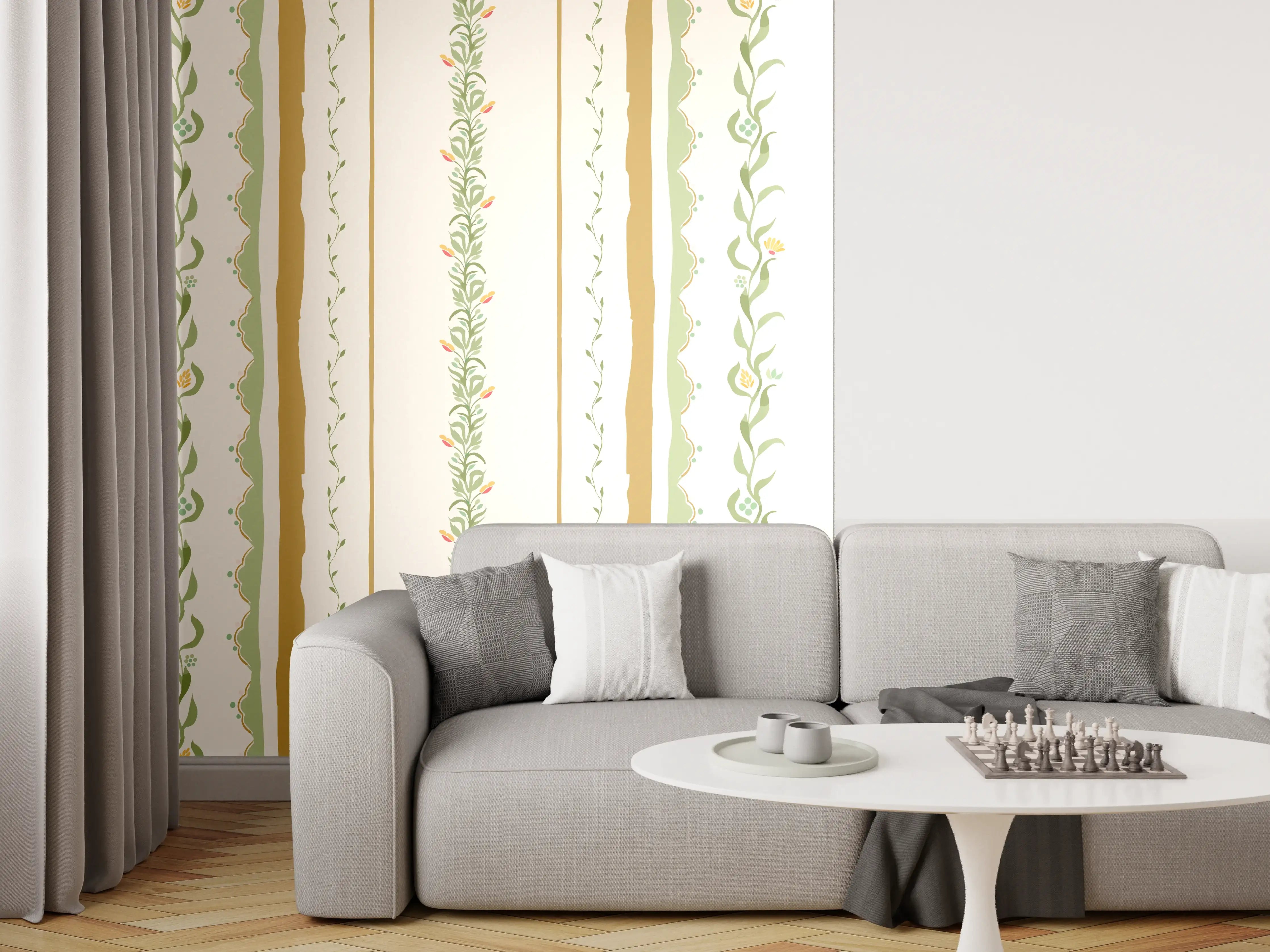 Wandverkleidung Wohnzimmer - Vintage-Blumen Tapete Beige-Grün