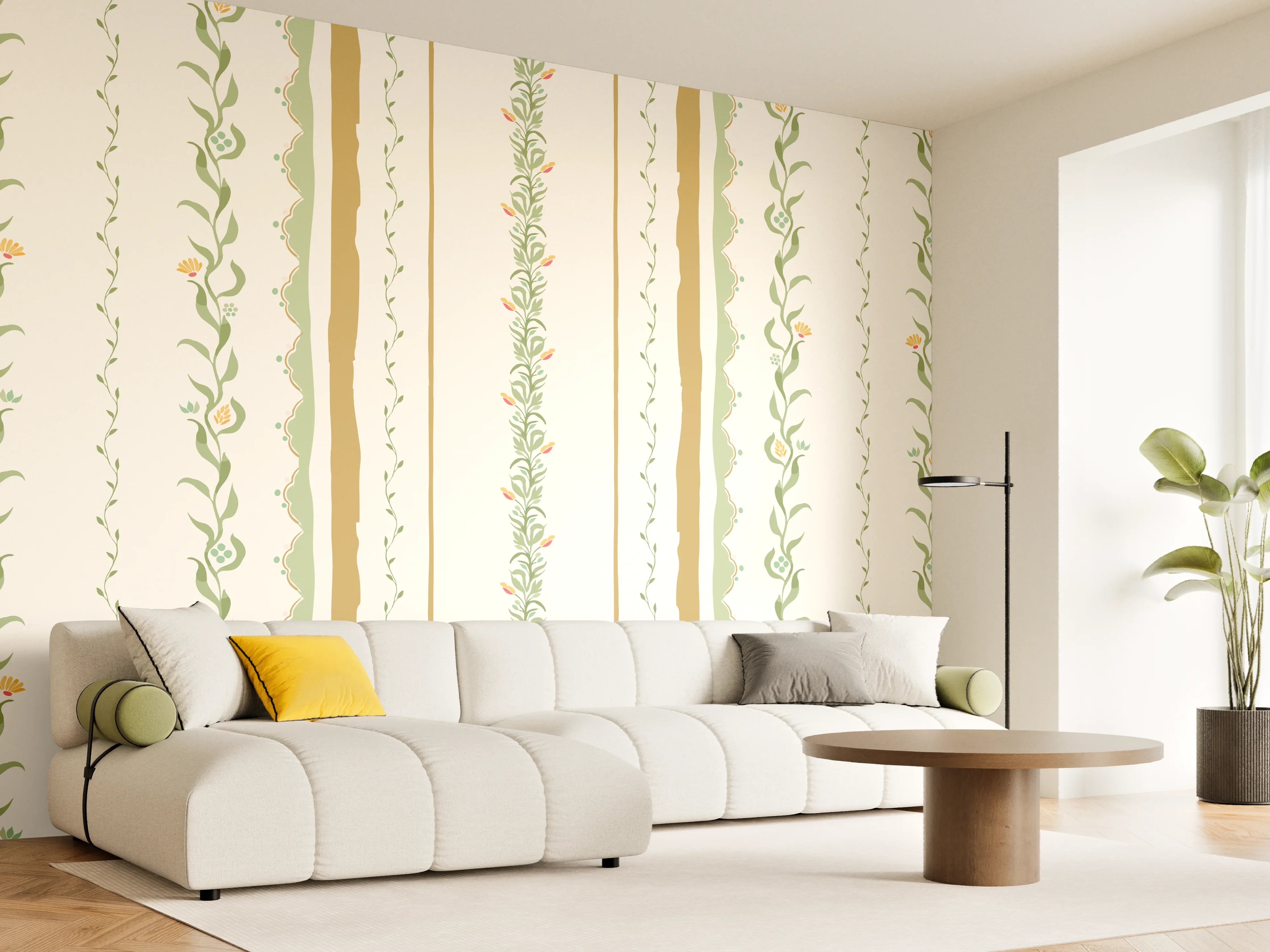 Wandverkleidung Wohnzimmer - Vintage-Blumen Tapete Beige-Grün