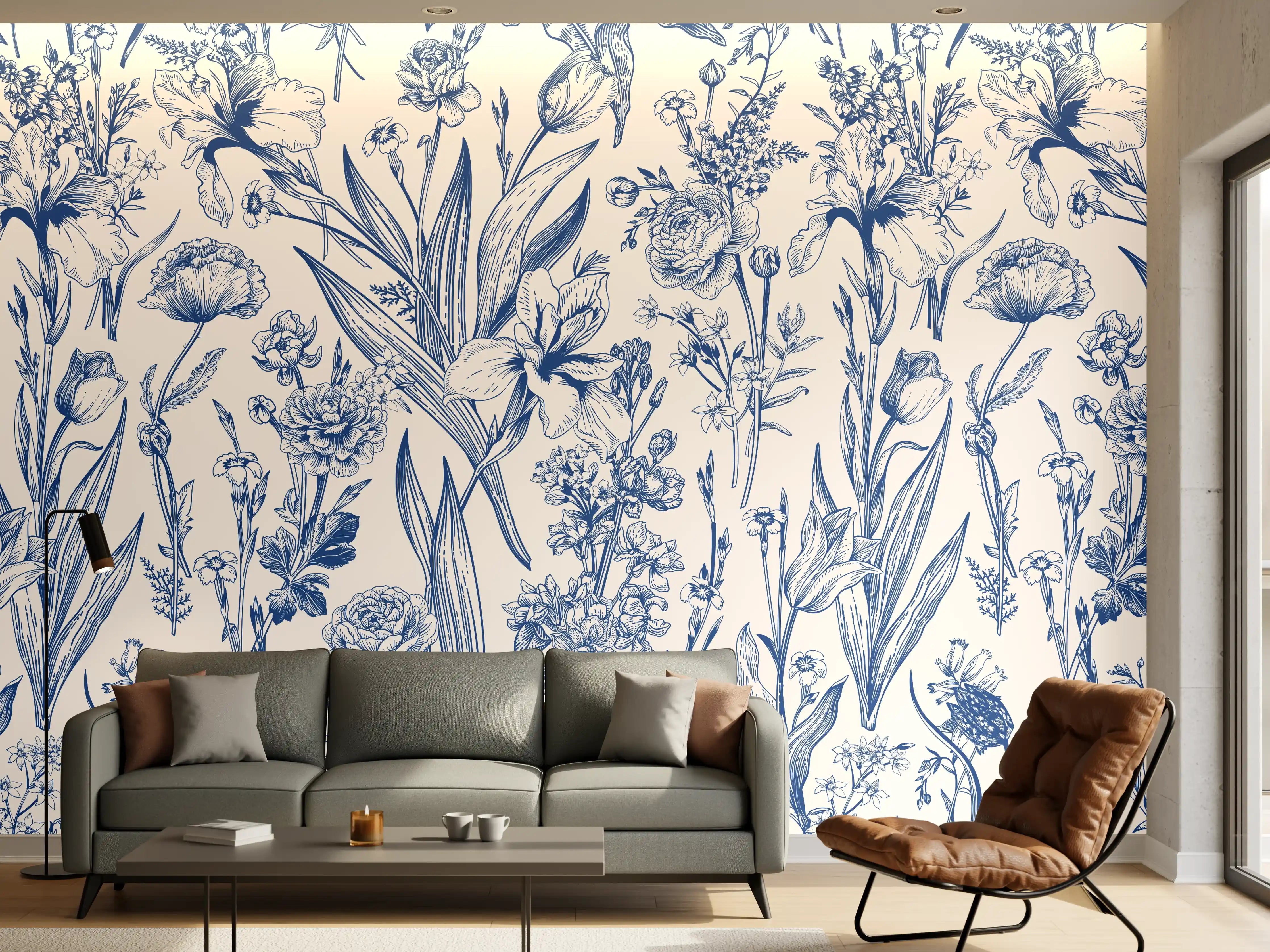 Wandverkleidung Wohnzimmer - Vintage-Blumenmuster Azurblau