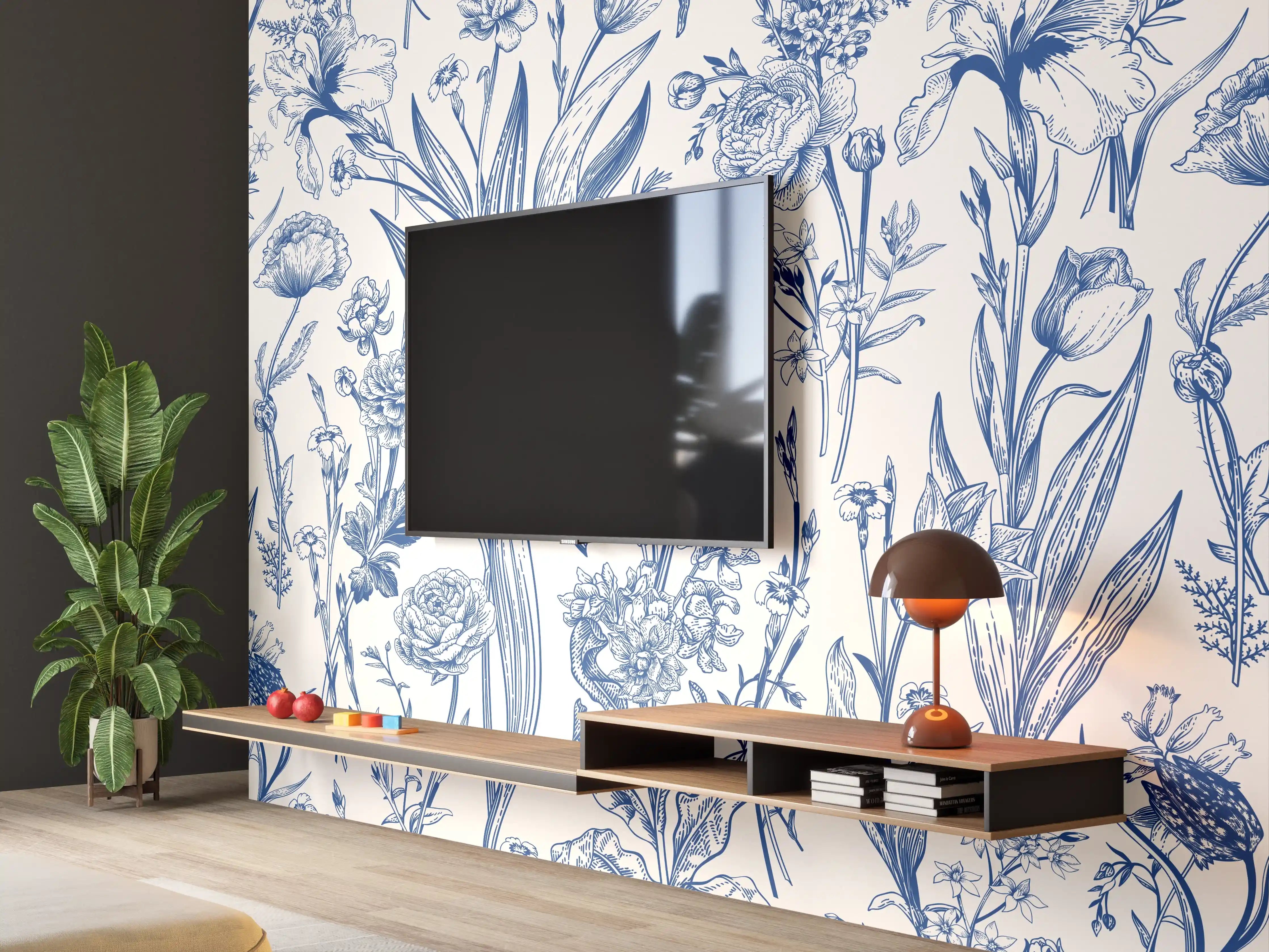 Wandverkleidung Wohnzimmer - Vintage-Blumenmuster Azurblau