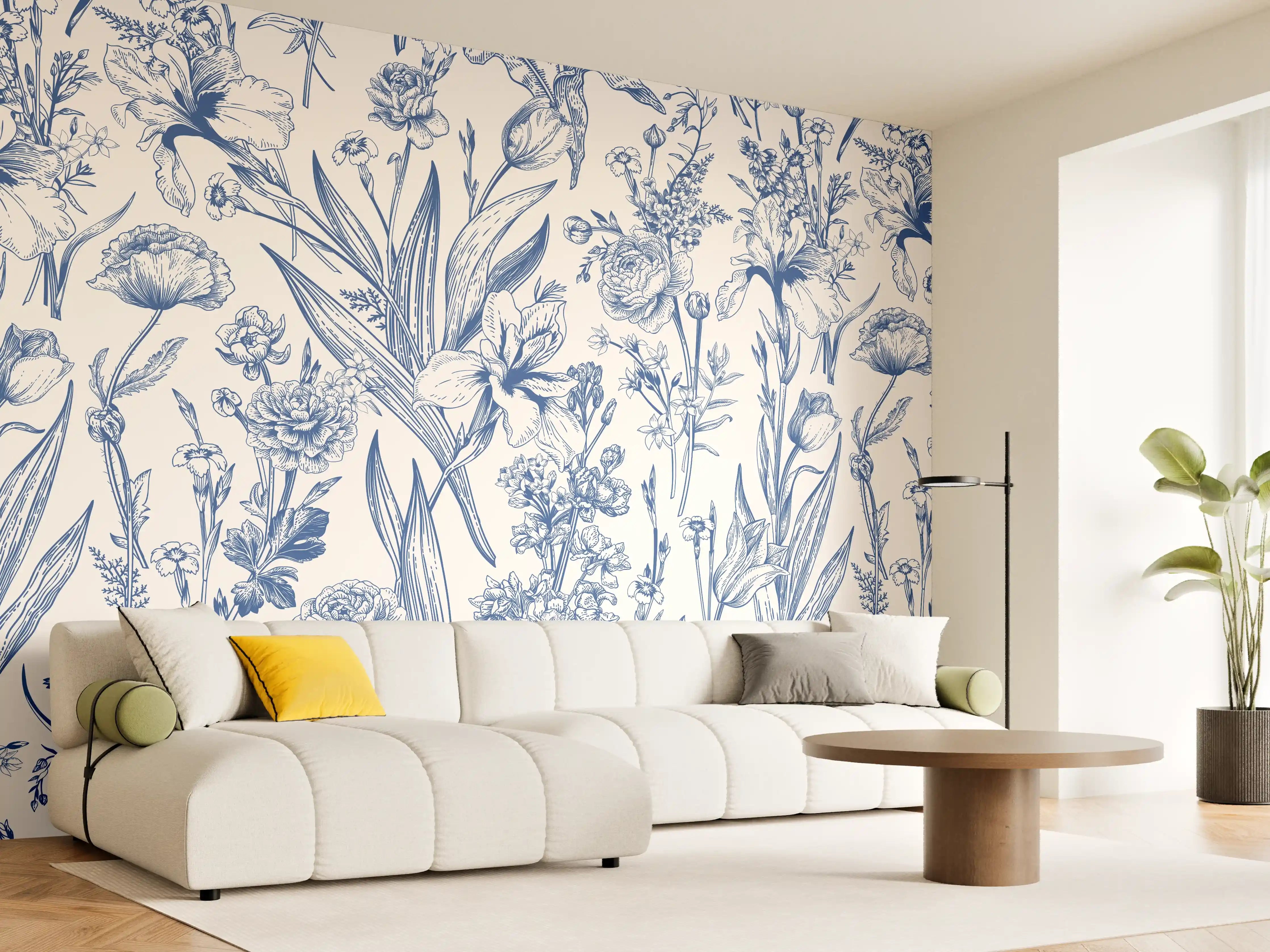 Wandverkleidung Wohnzimmer - Vintage-Blumenmuster Azurblau