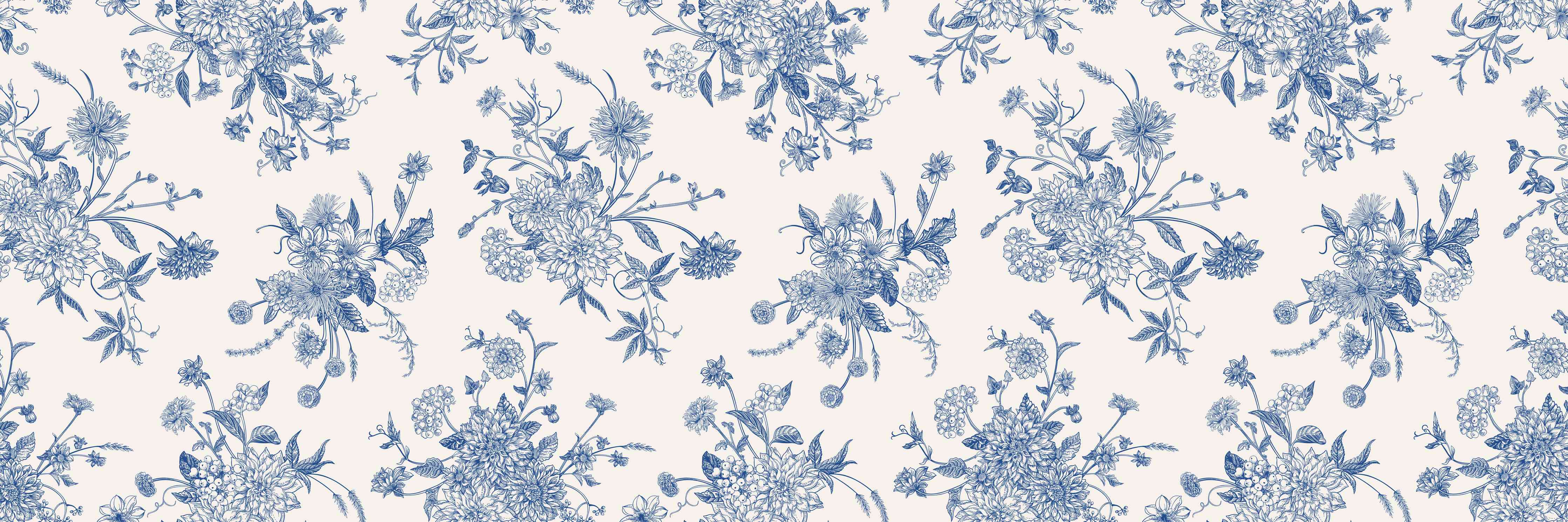Wandverkleidung Wohnzimmer-Vintage-Blumenmuster Blau-Weiß