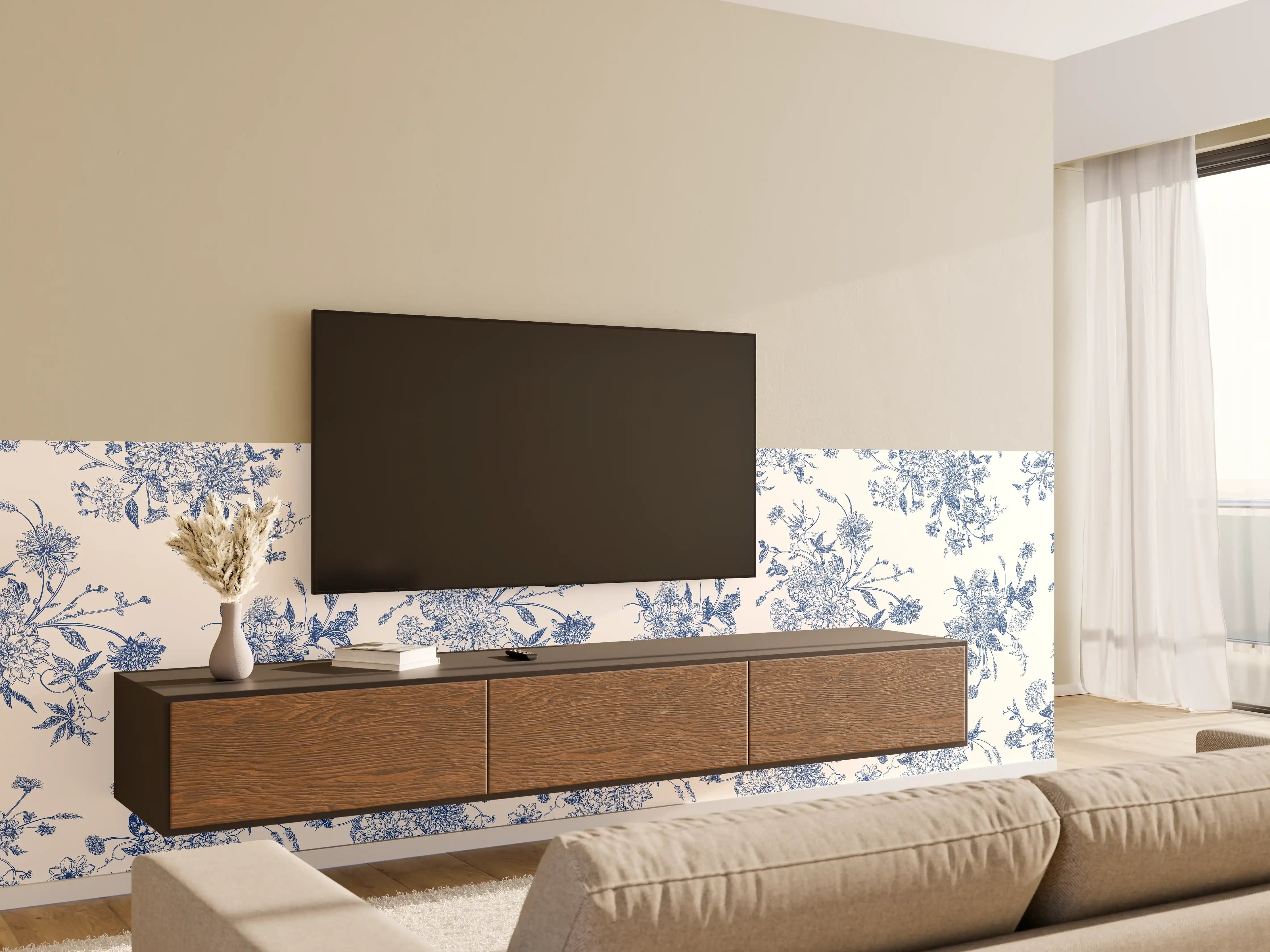 Wandverkleidung Wohnzimmer - Vintage-Blumenmuster Blau-Weiß