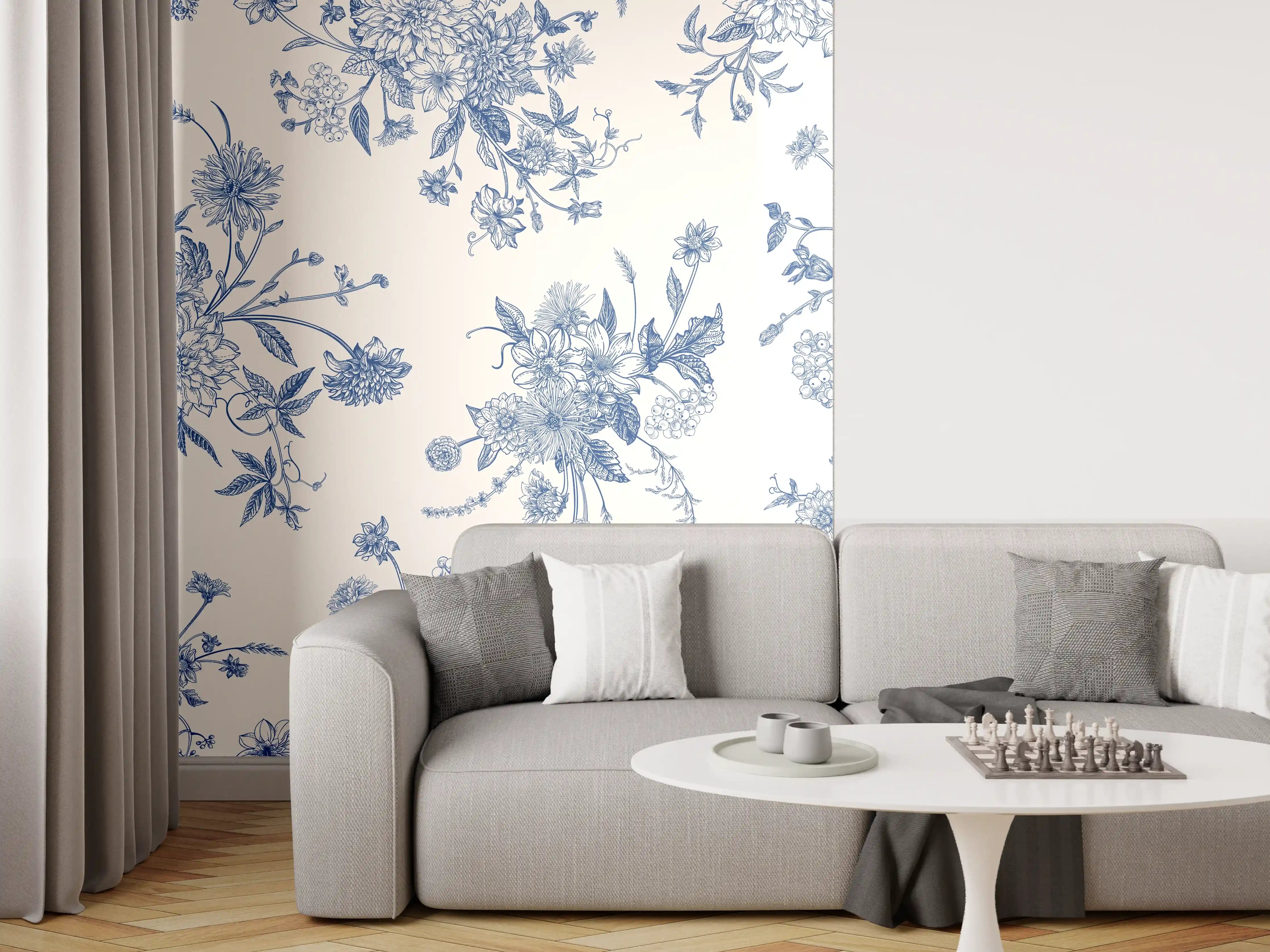 Wandverkleidung Wohnzimmer - Vintage-Blumenmuster Blau-Weiß