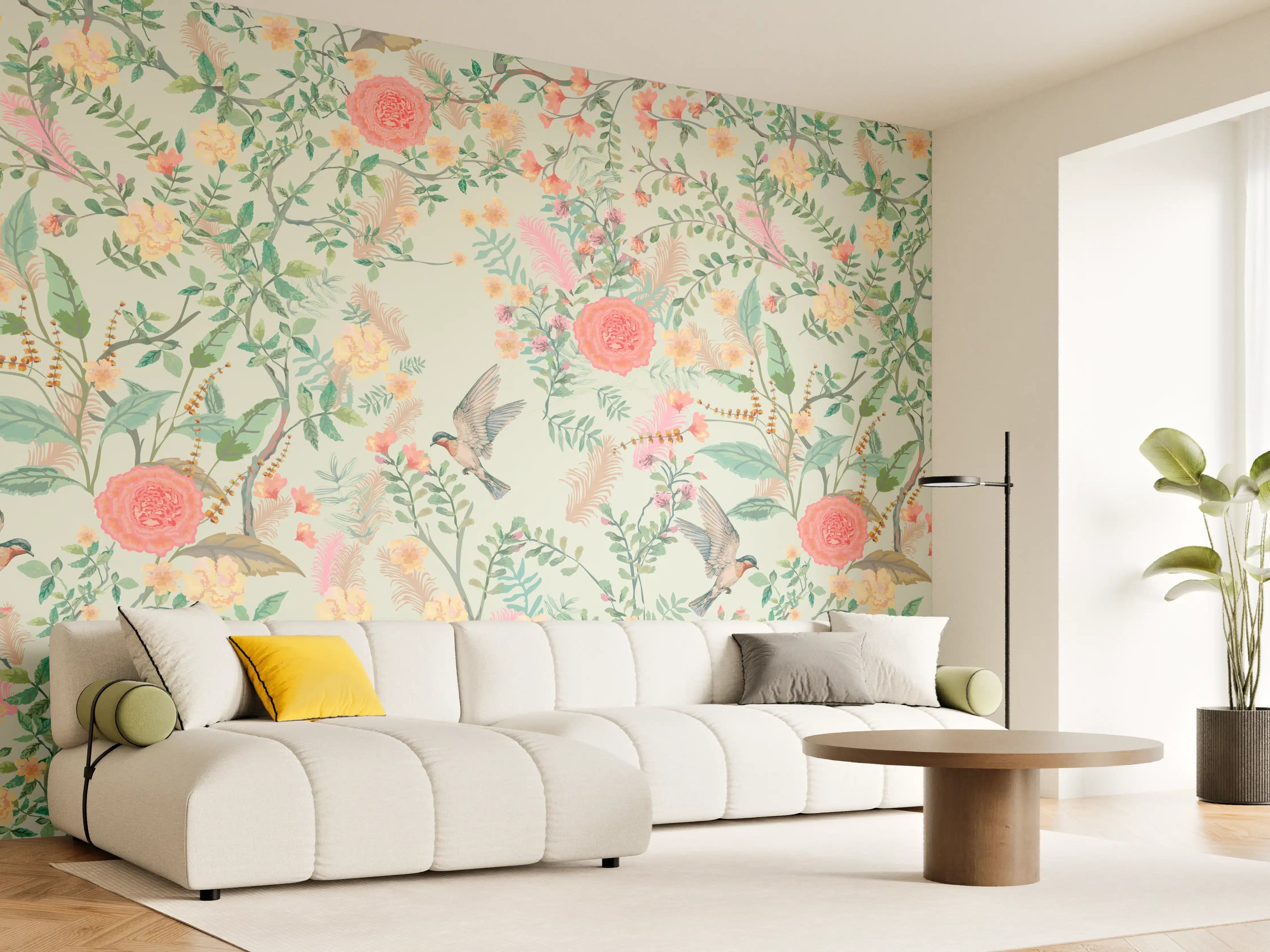 Wandverkleidung Wohnzimmer - Vintage-Blumenmuster Grün-Rosa