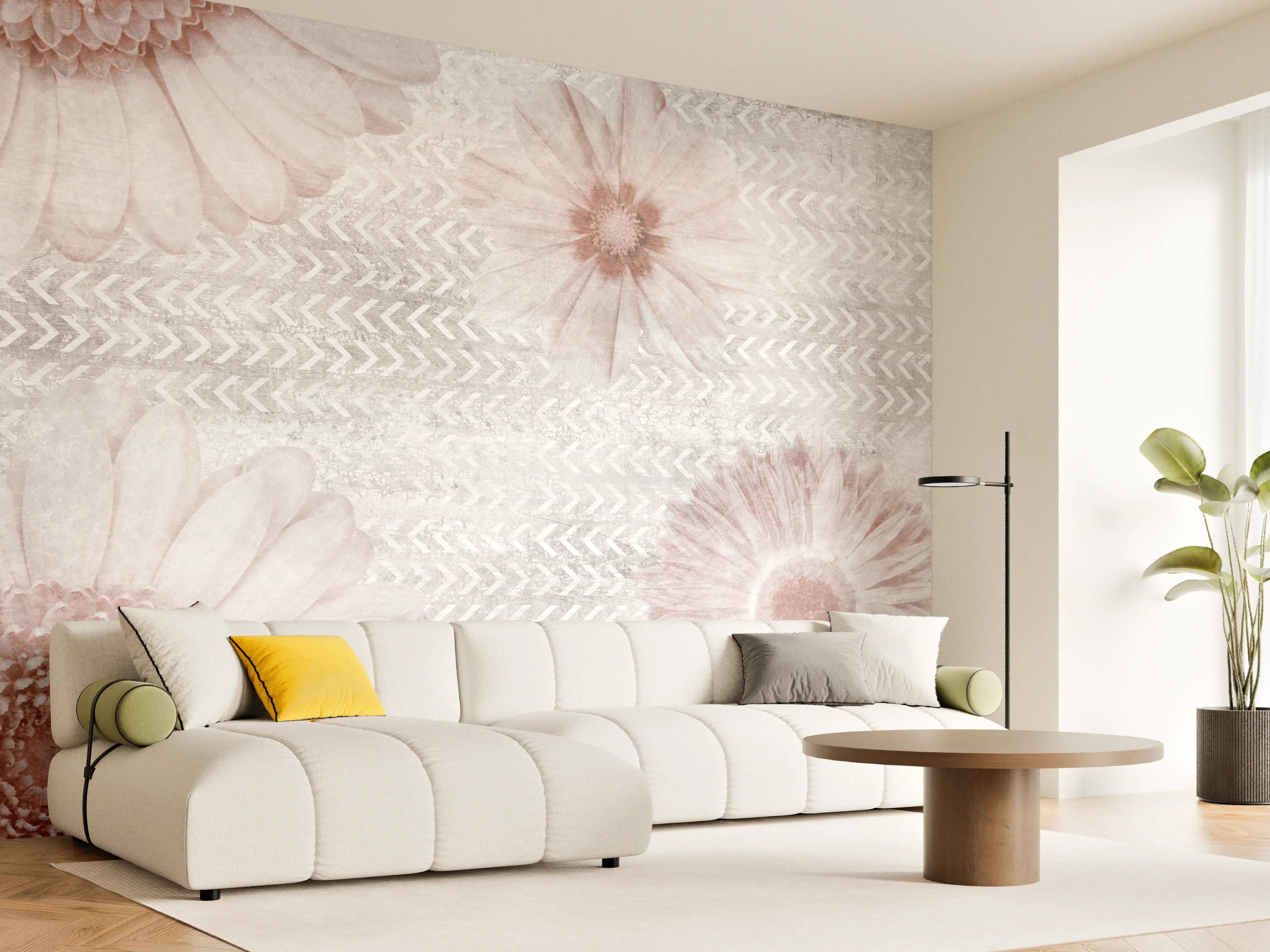 Wandverkleidung Wohnzimmer - Vintage Blumenmuster auf Weiß