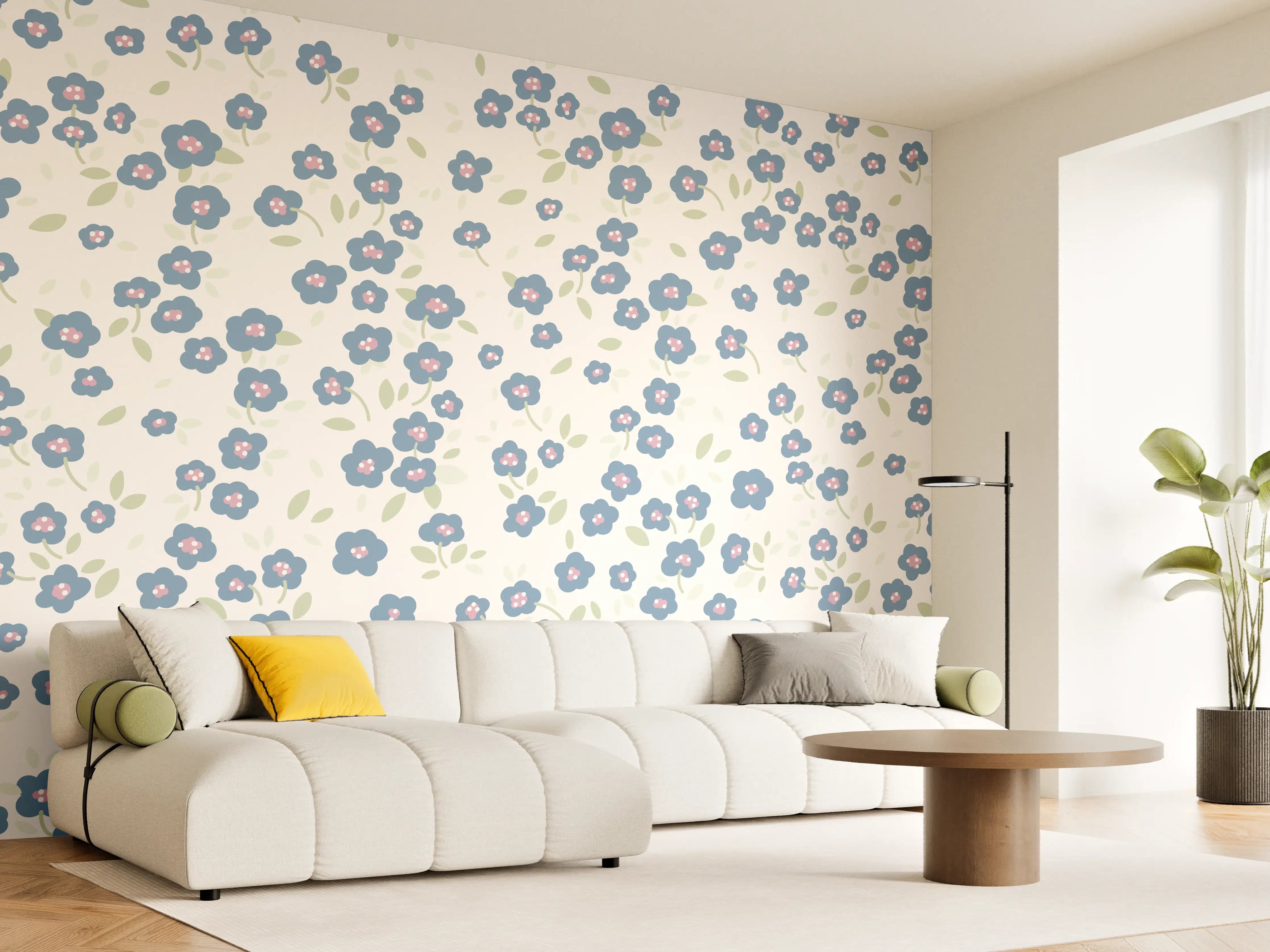 Wandverkleidung Wohnzimmer - Vintage Ditsy Blumen Blau-Beige