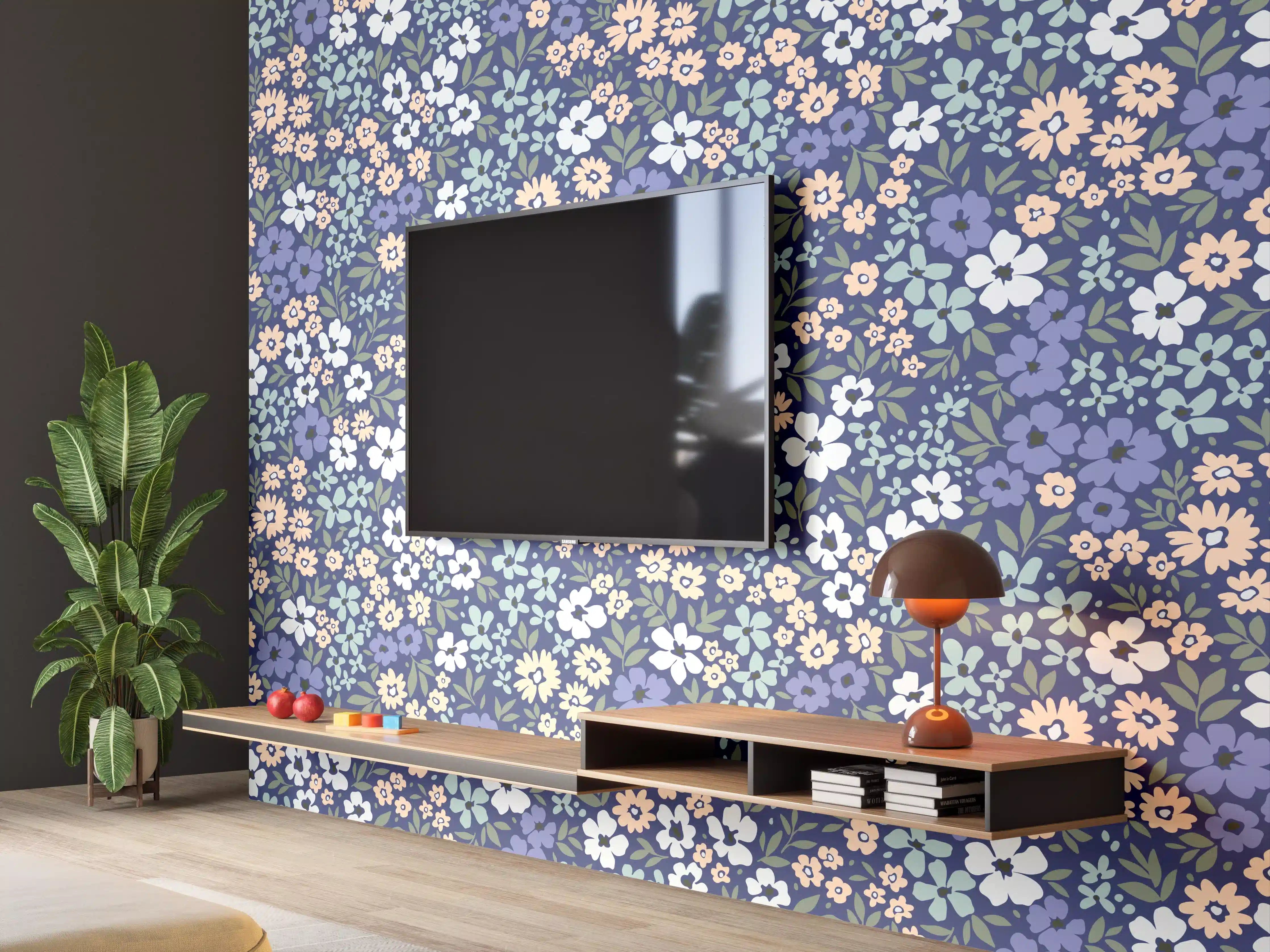 Wandverkleidung Wohnzimmer - Vintage Ditsy Blumenmuster Blau