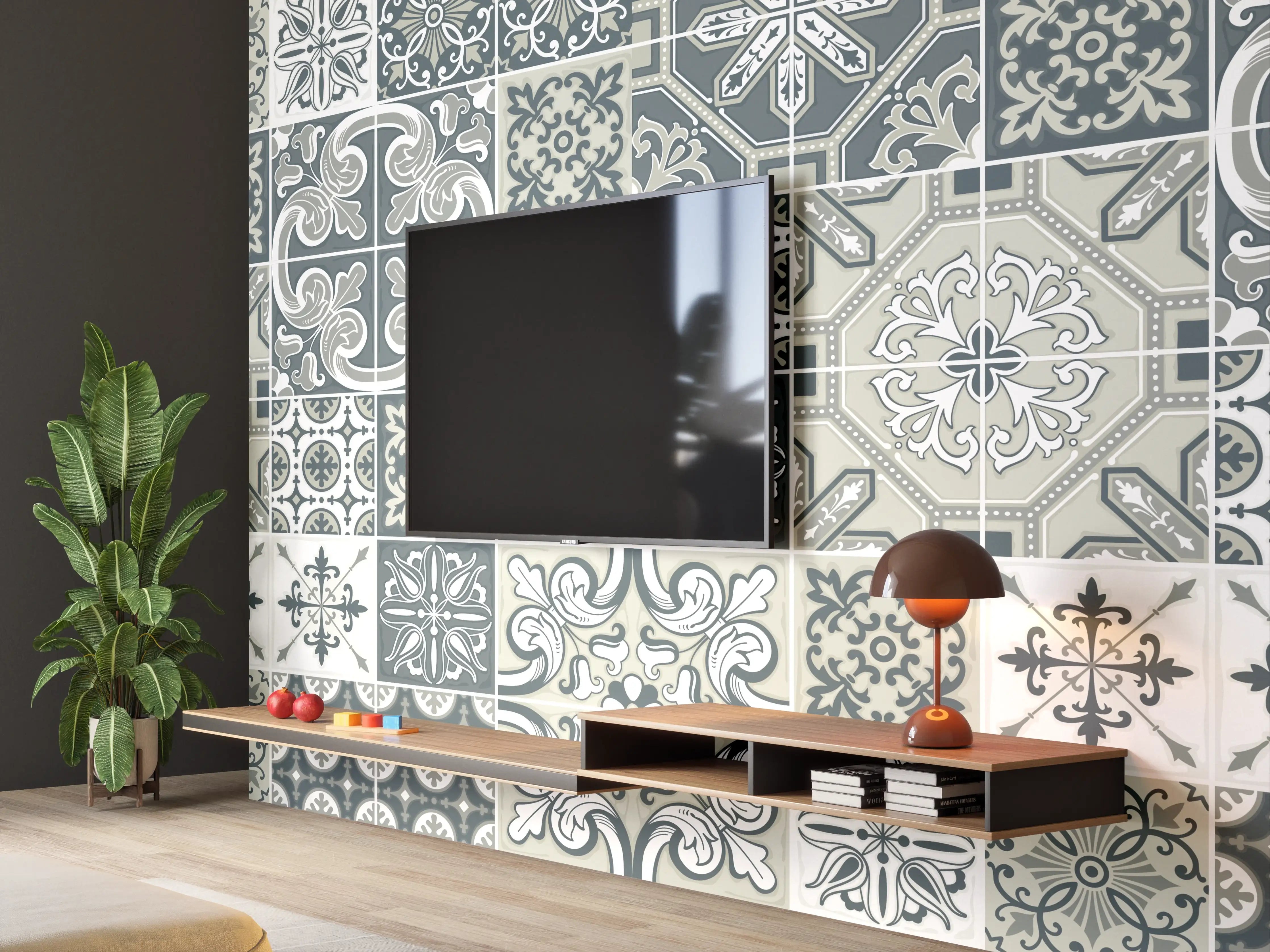 Wandverkleidung Wohnzimmer - Vintage Fliesenmuster Blau-Weiß