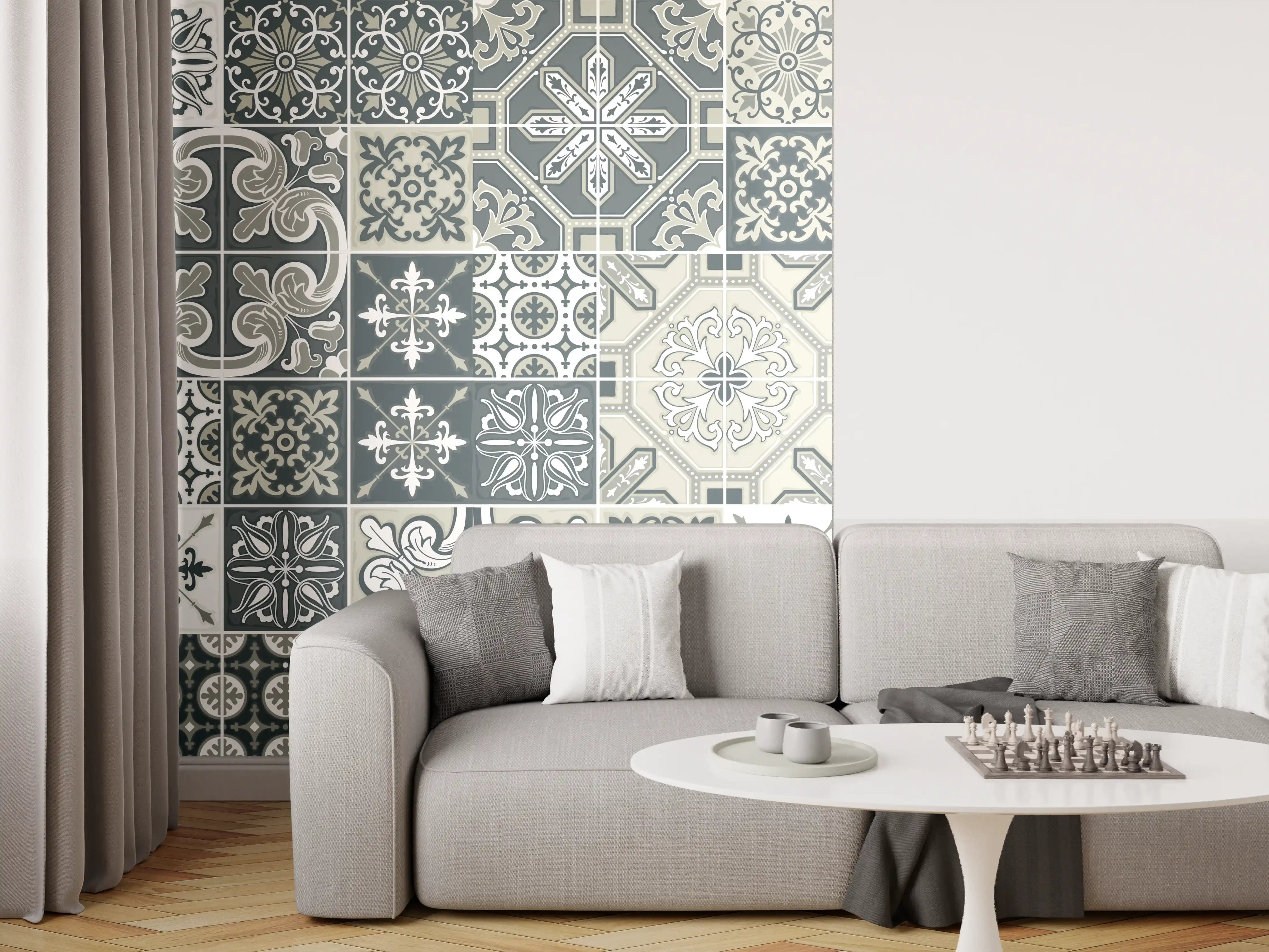 Wandverkleidung Wohnzimmer - Vintage Fliesenmuster Blau-Weiß