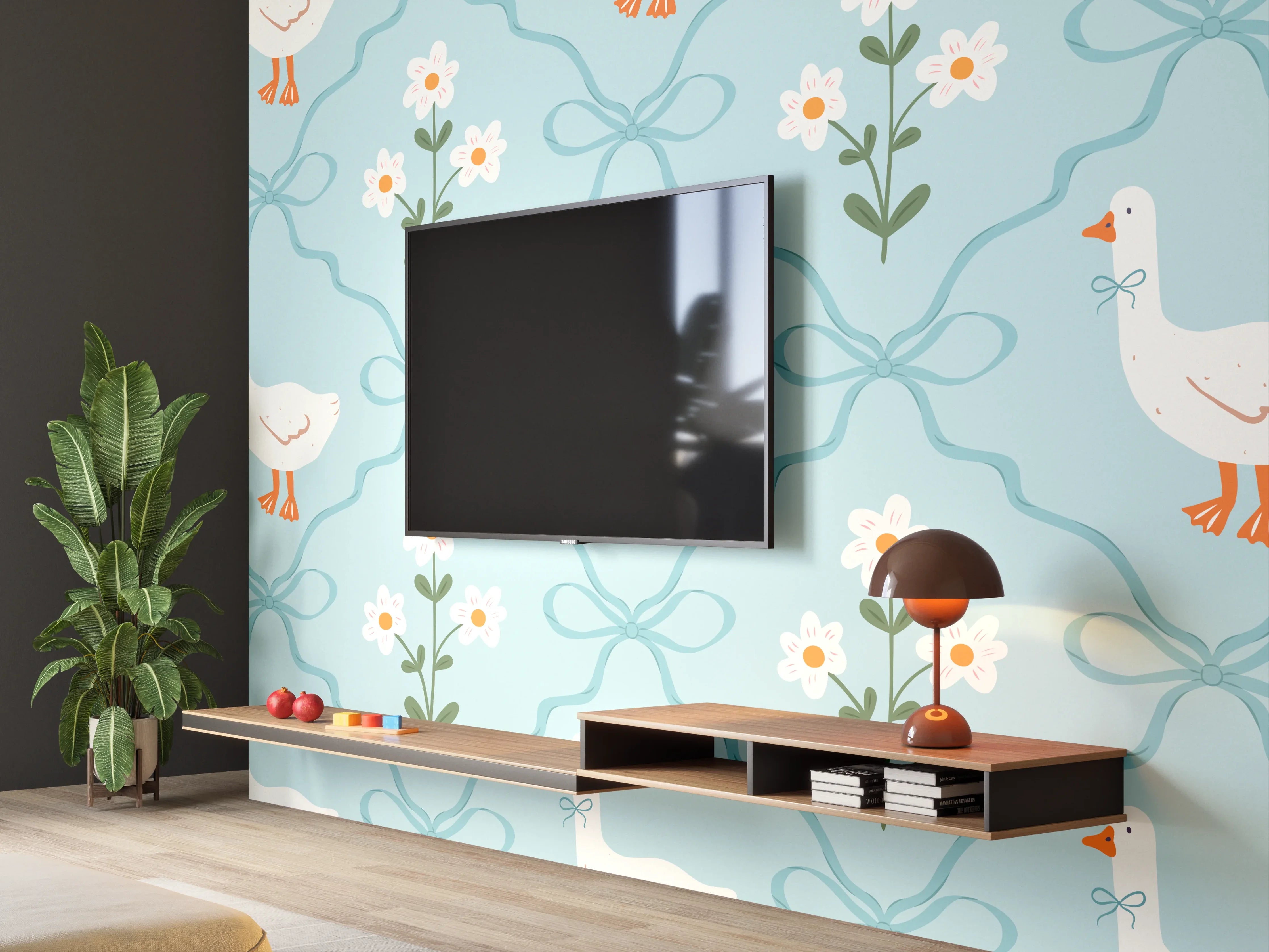 Wandverkleidung Wohnzimmer - Vintage Gänse Tapete Türkis