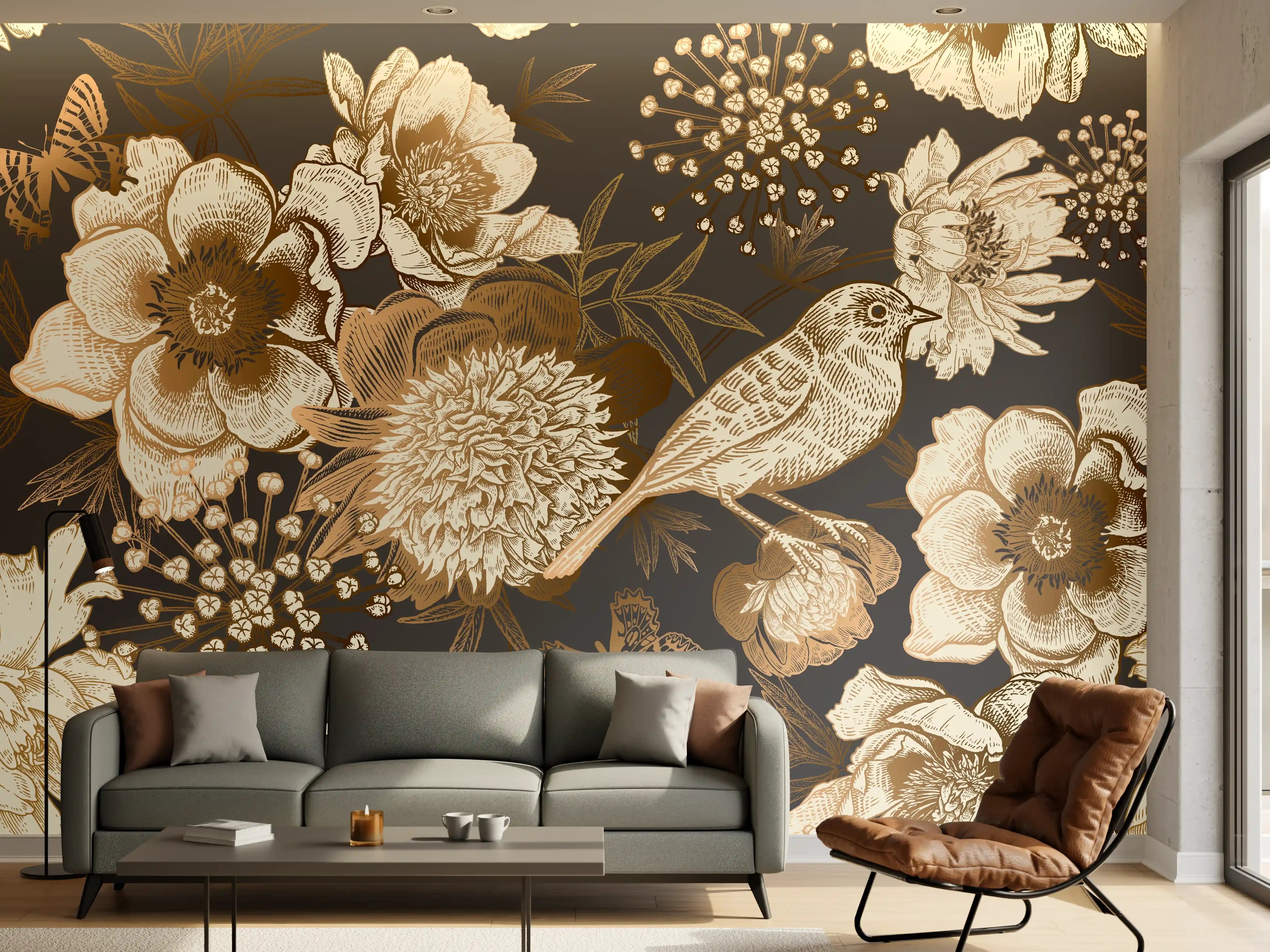 Wandverkleidung Wohnzimmer - Vintage Gold-Pfingstrosen-Muster