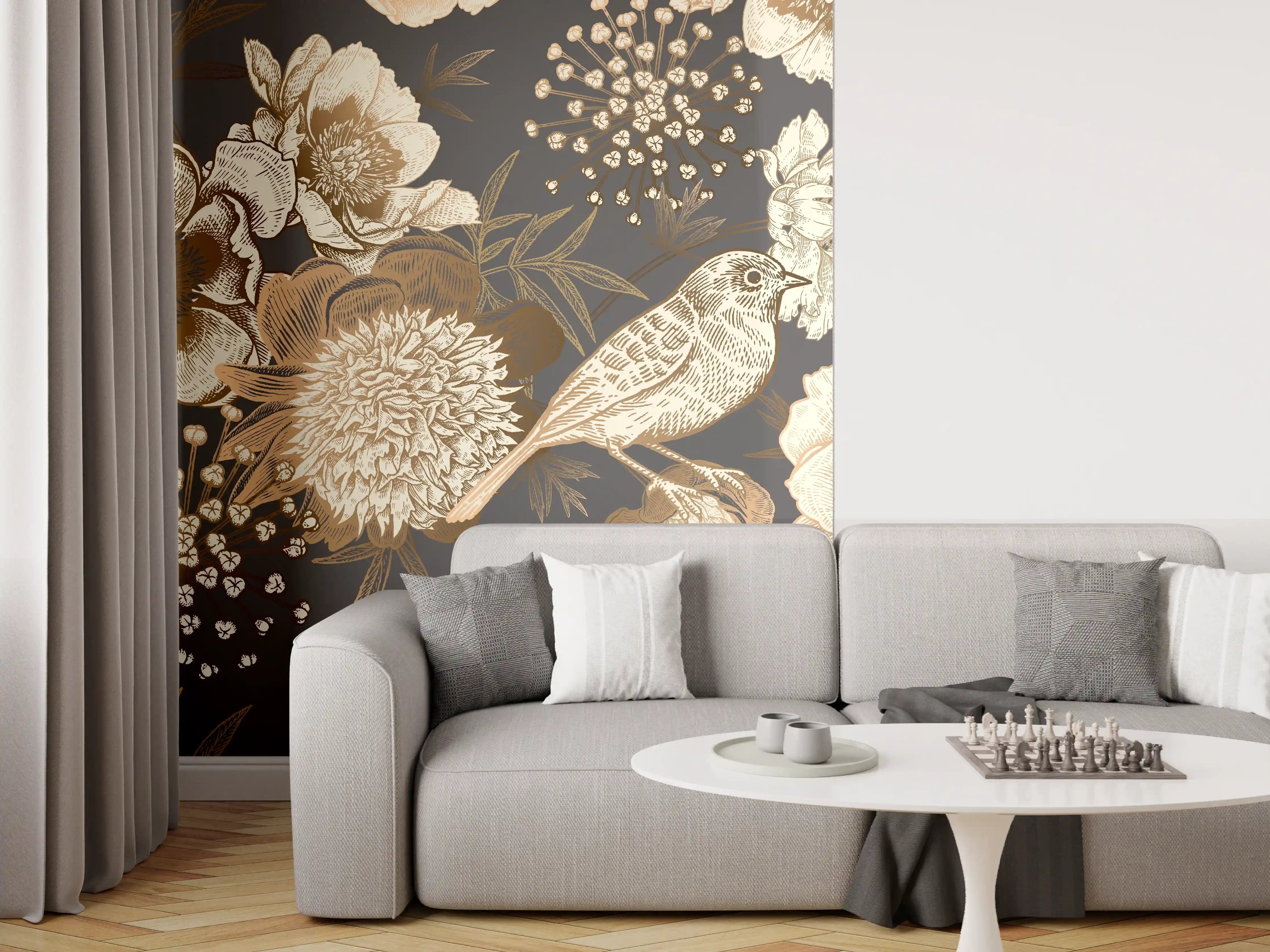 Wandverkleidung Wohnzimmer - Vintage Gold-Pfingstrosen-Muster