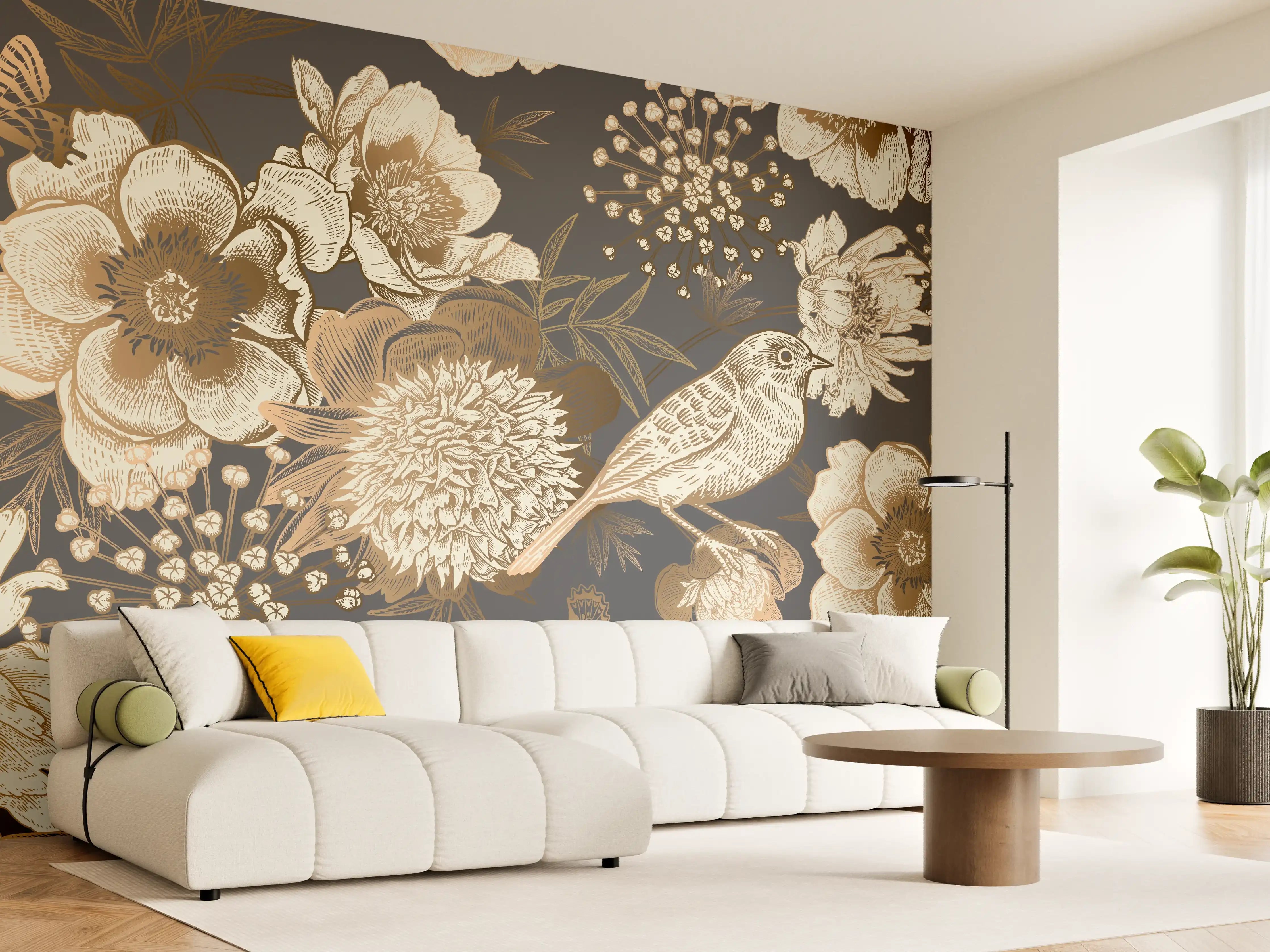 Wandverkleidung Wohnzimmer - Vintage Gold-Pfingstrosen-Muster