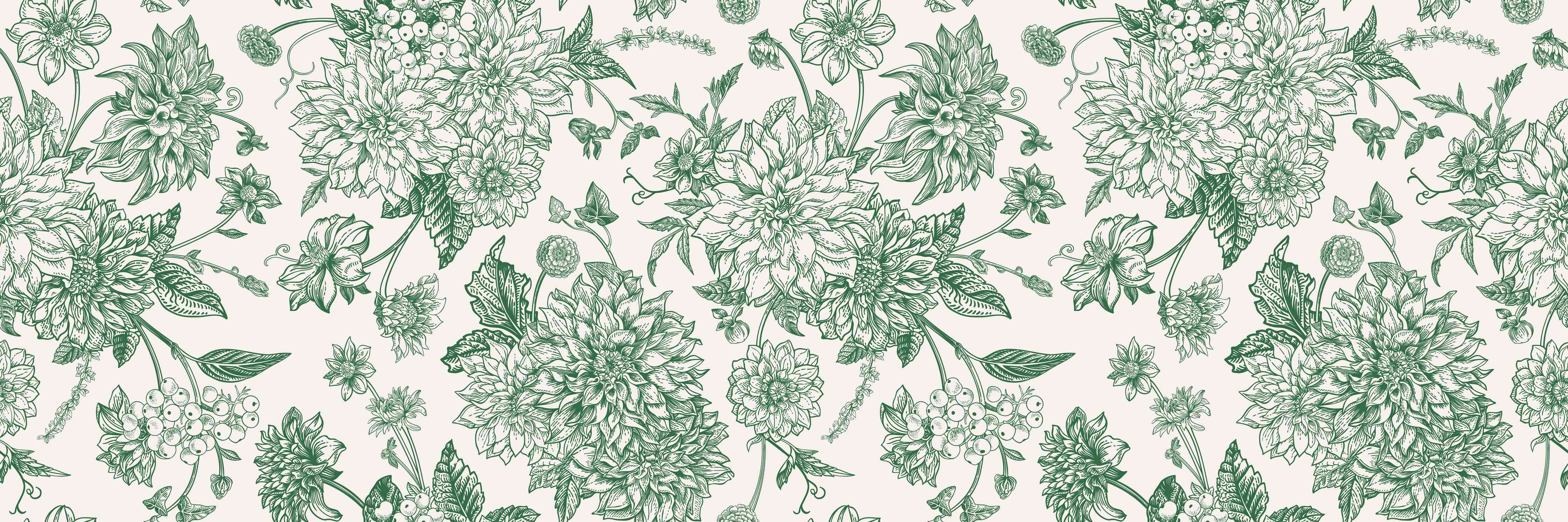 Wandverkleidung Wohnzimmer-Vintage Grün Blumen Lineart