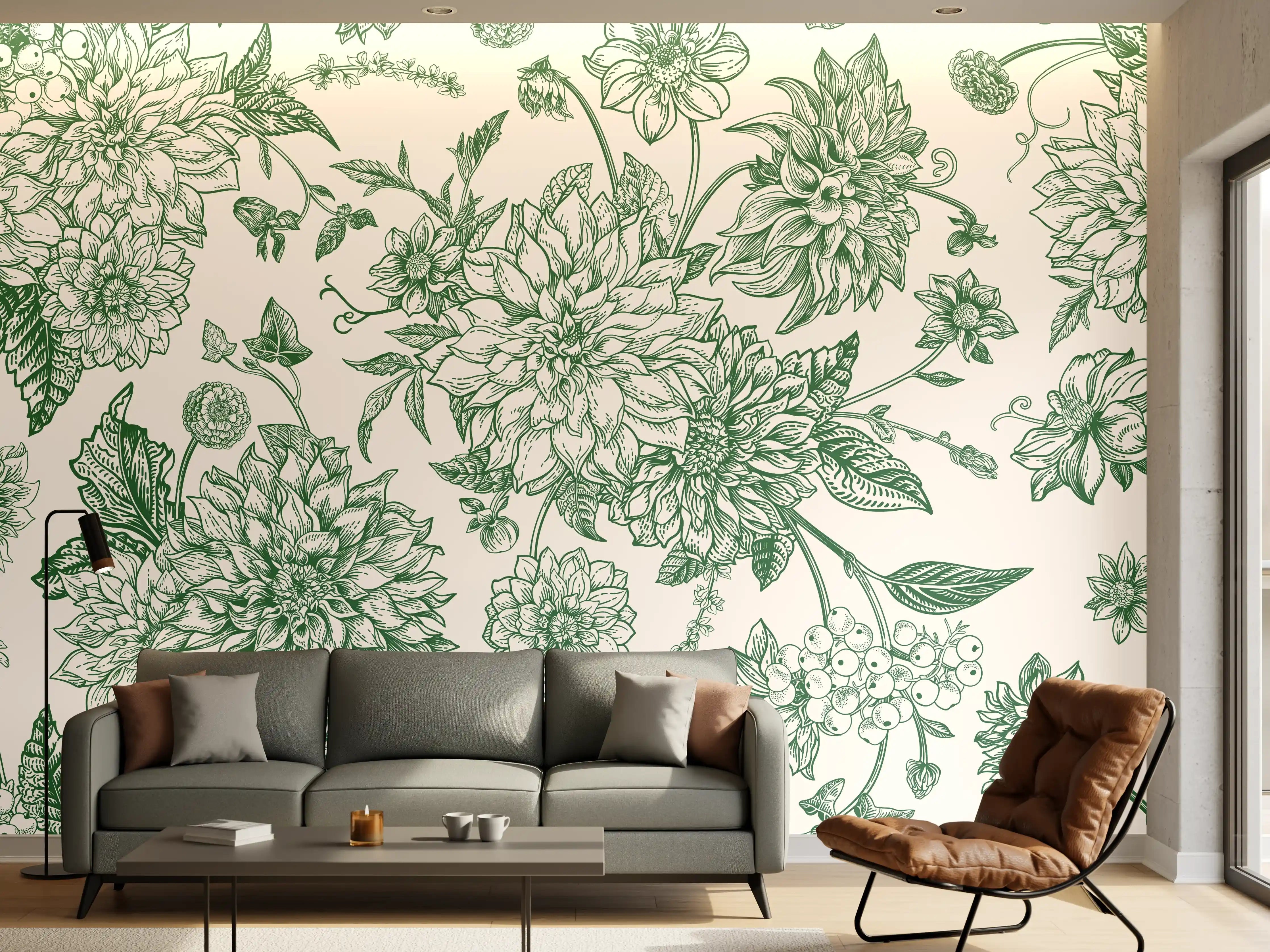 Wandverkleidung Wohnzimmer - Vintage Grün Blumen Lineart
