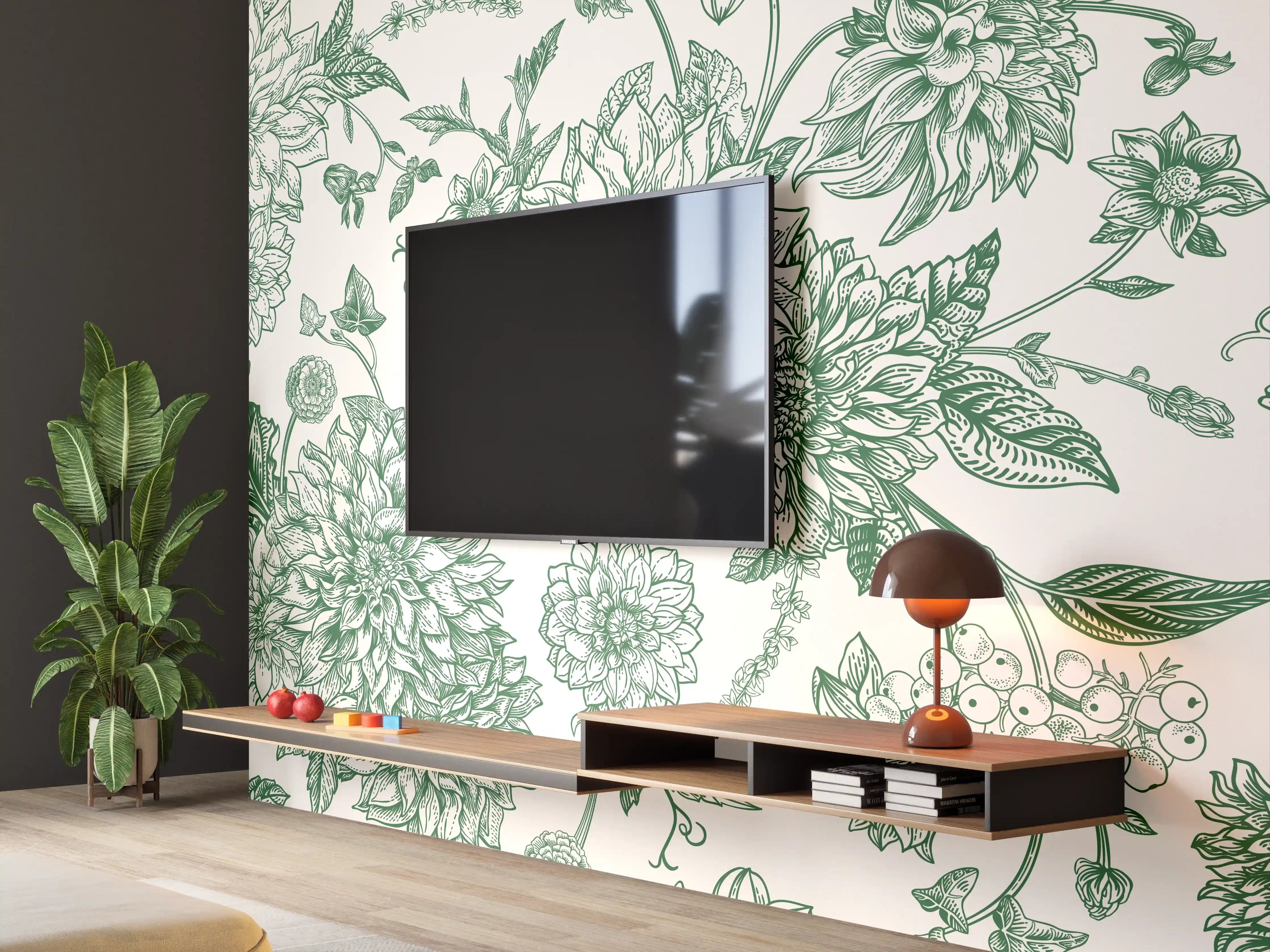 Wandverkleidung Wohnzimmer - Vintage Grün Blumen Lineart