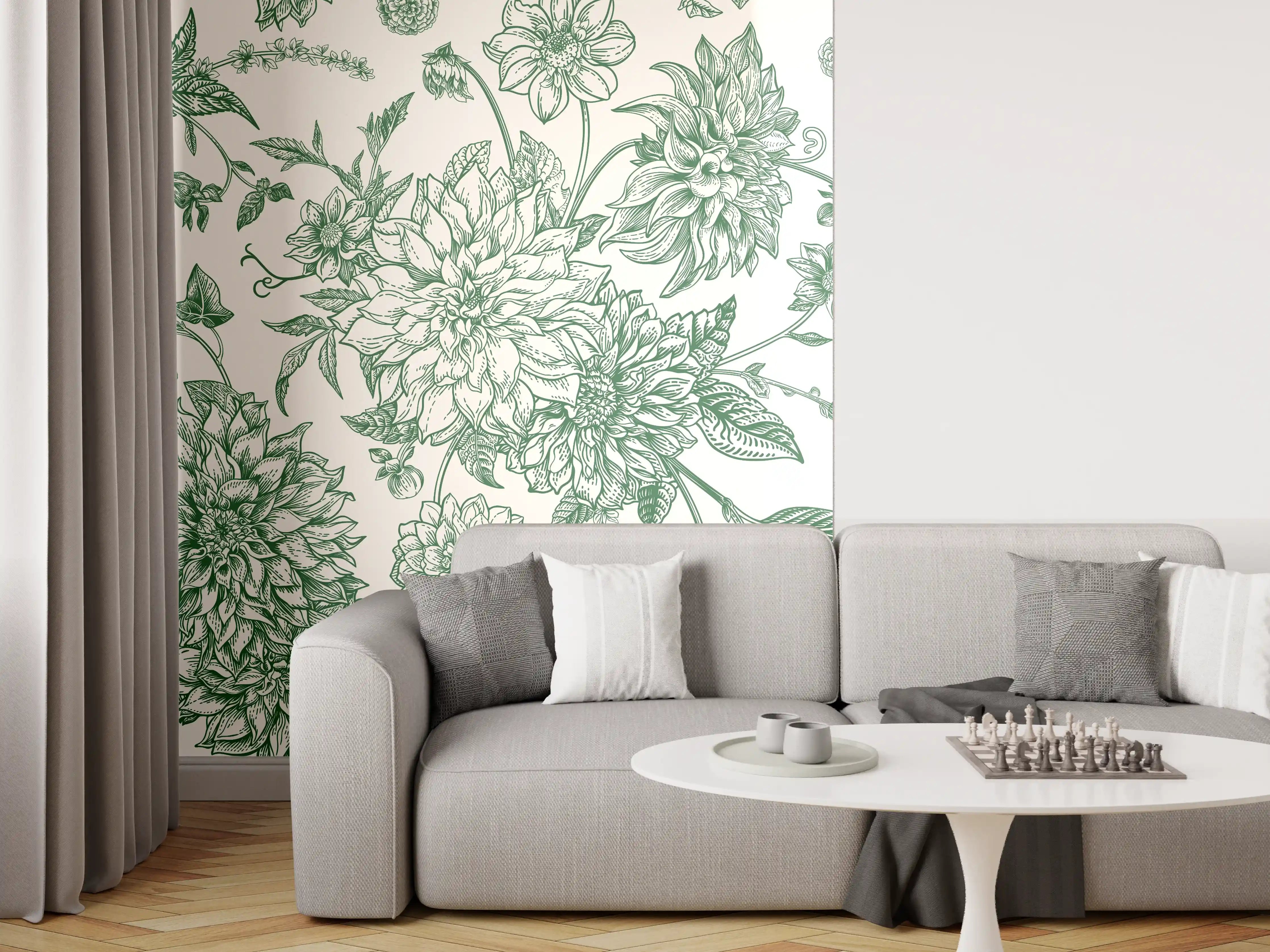 Wandverkleidung Wohnzimmer - Vintage Grün Blumen Lineart