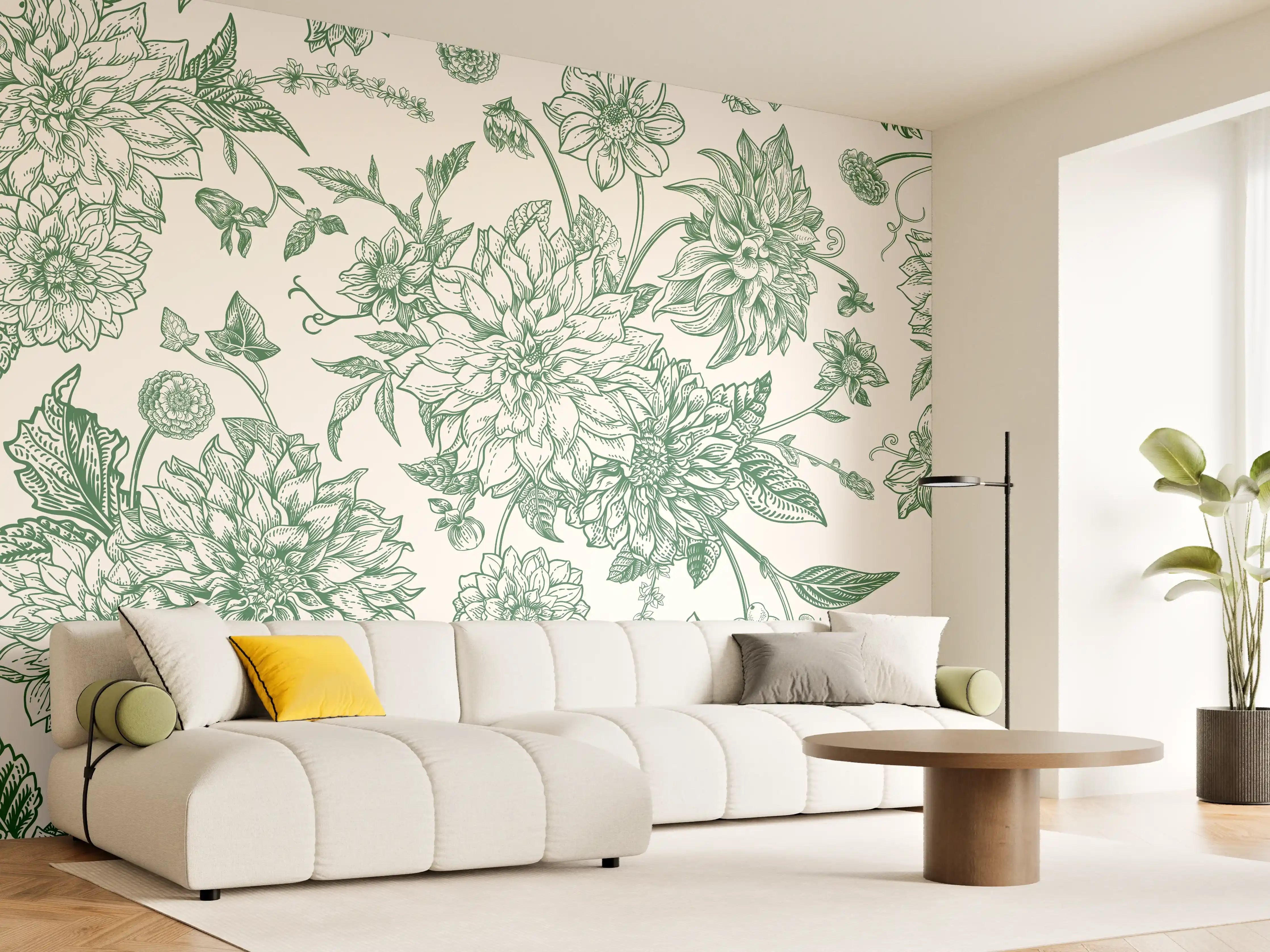 Wandverkleidung Wohnzimmer - Vintage Grün Blumen Lineart