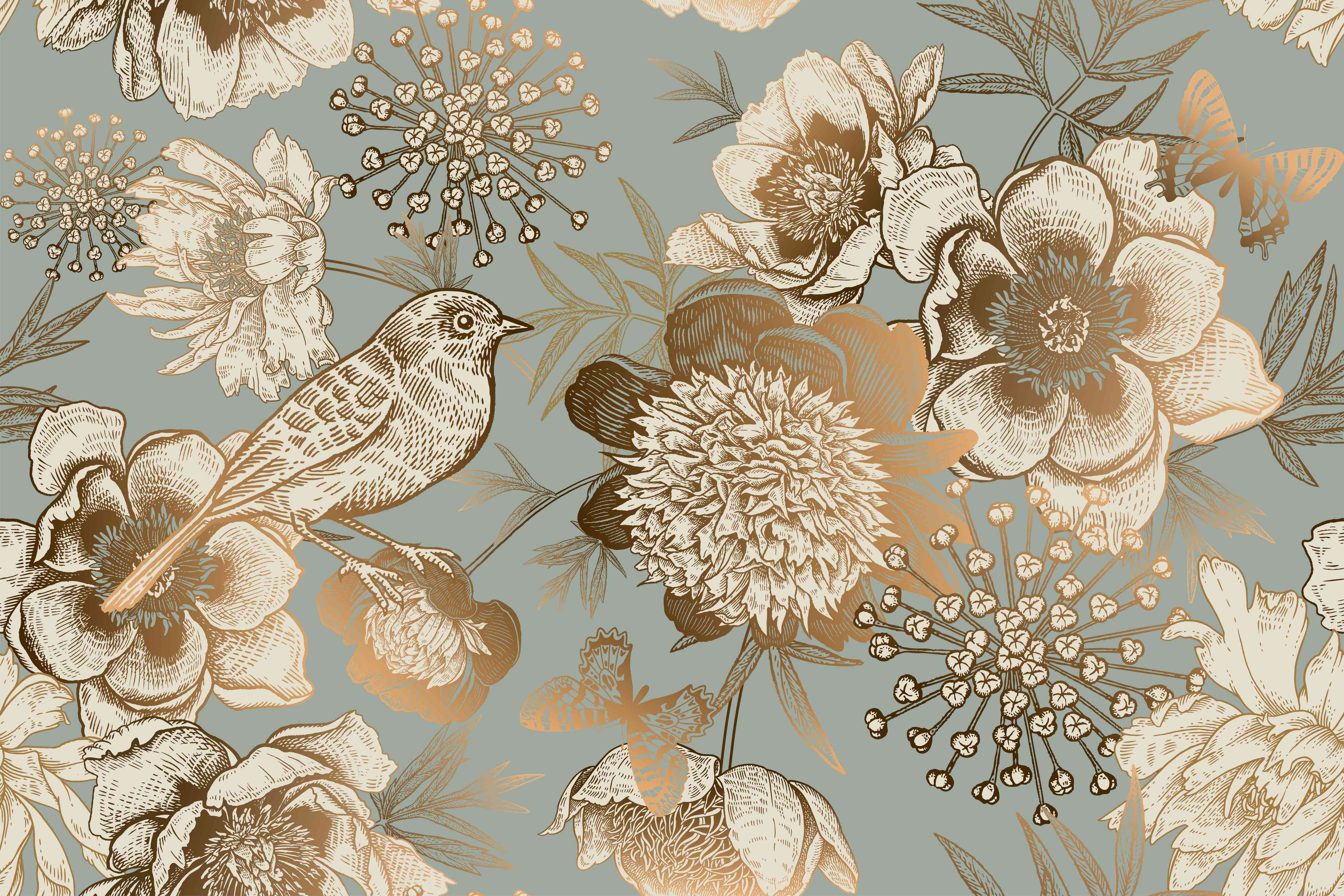 Wandverkleidung Wohnzimmer-Vintage Pfingstrosen Muster Beige
