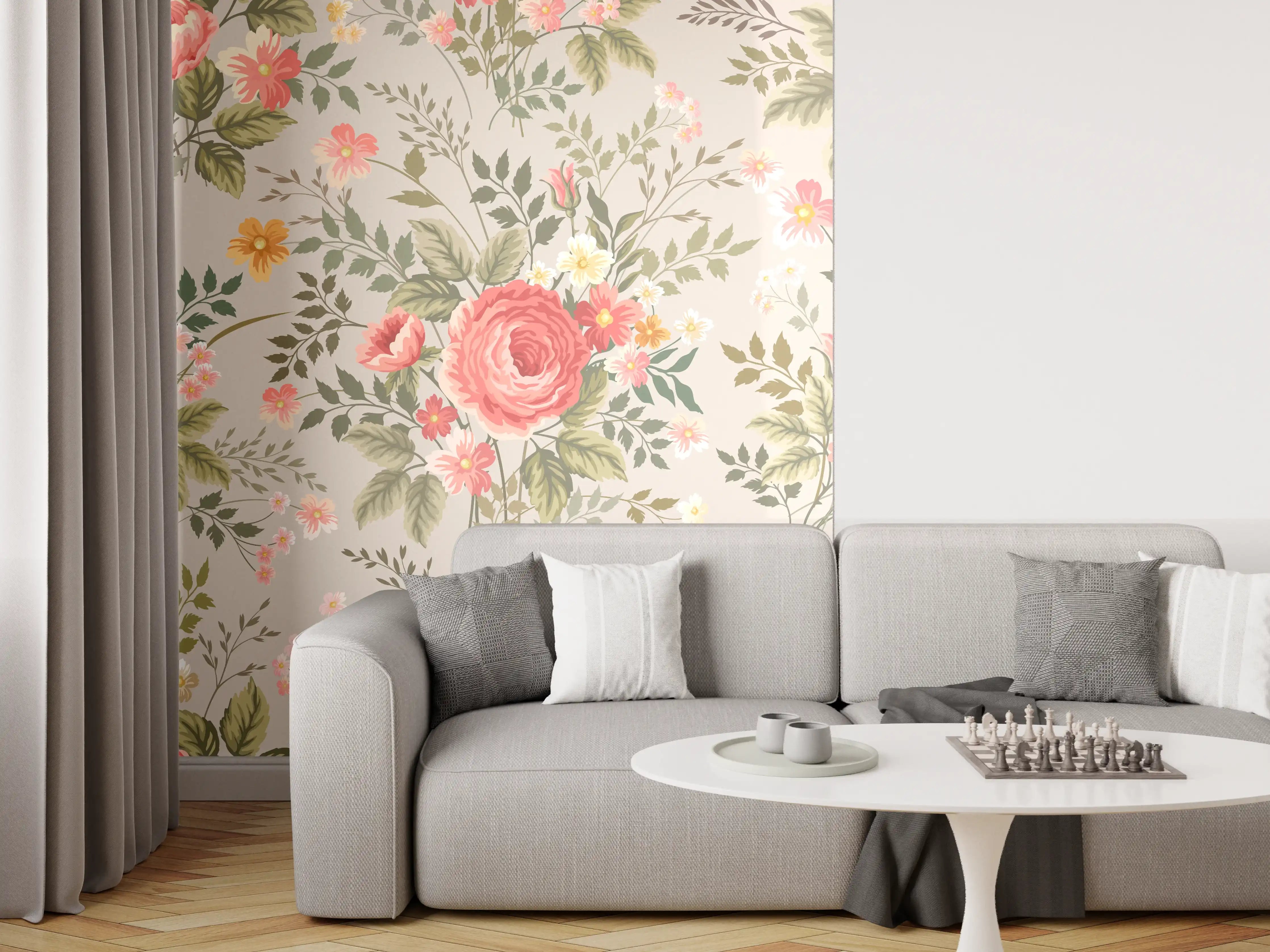 Wandverkleidung Wohnzimmer - Vintage Pfirsich-Blumenmuster