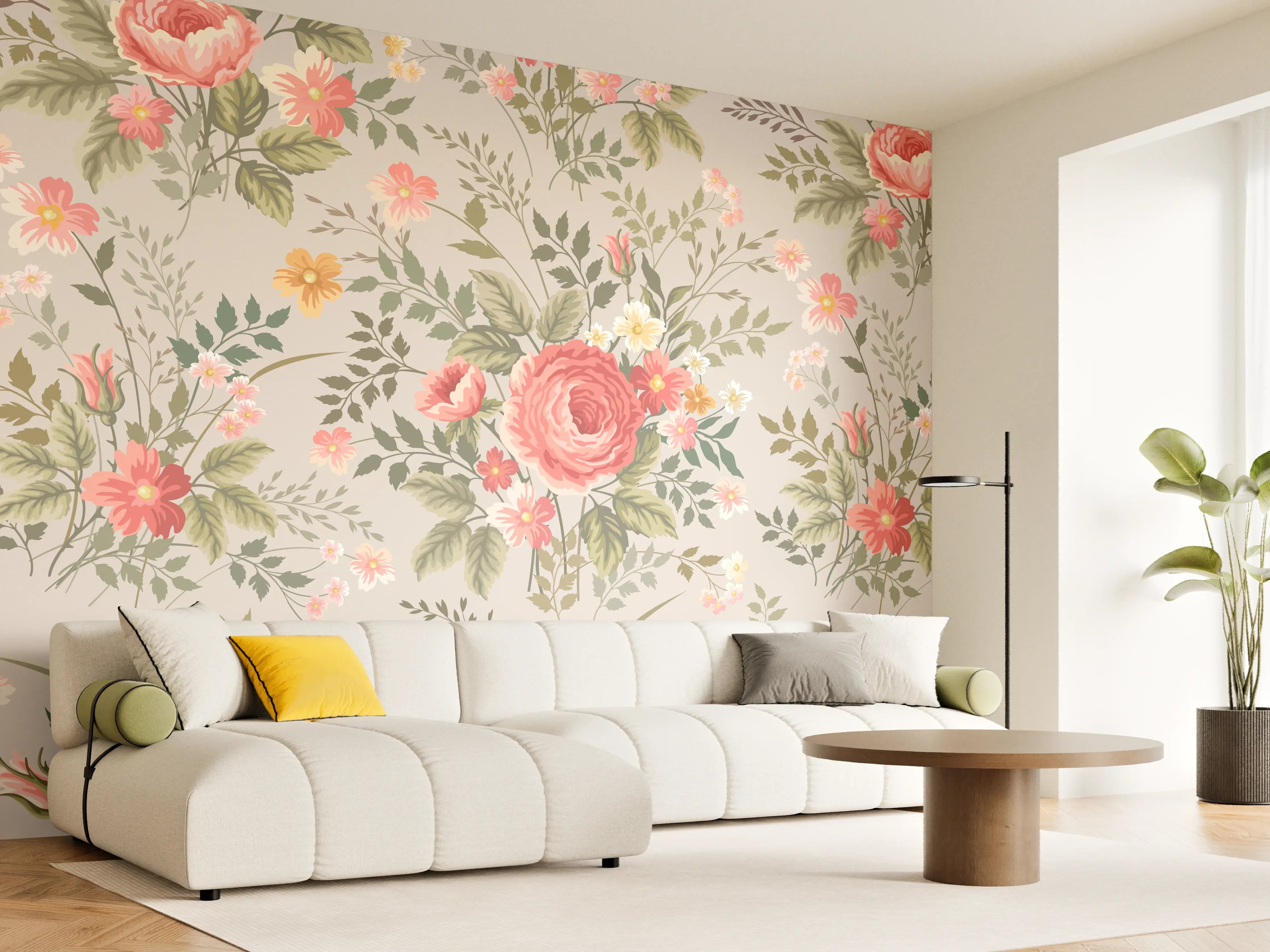 Wandverkleidung Wohnzimmer - Vintage Pfirsich-Blumenmuster